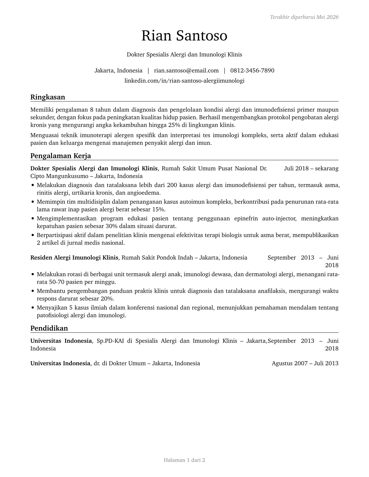 Allergists and Immunologists CV in Indonesian — page 1