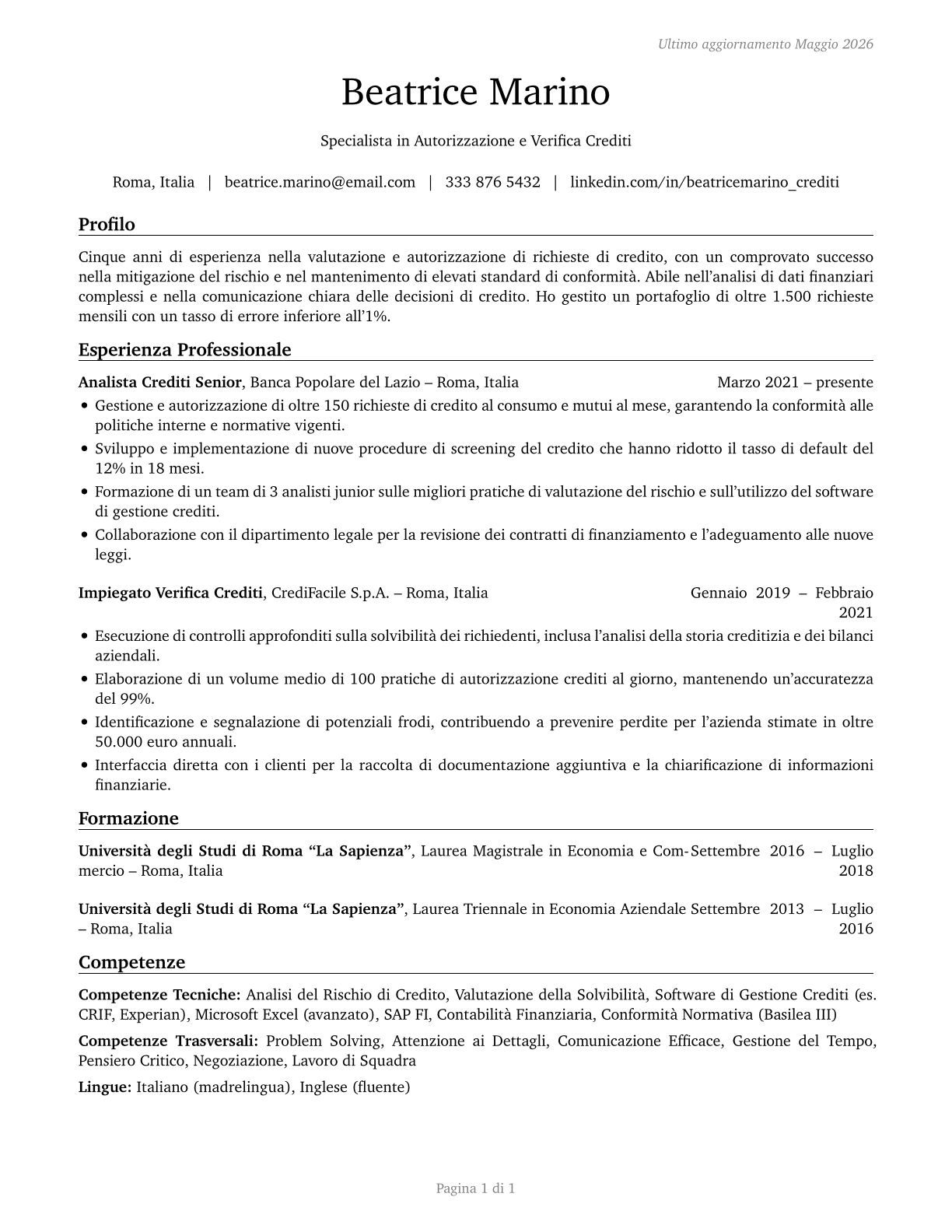 Credit Authorizers, Checkers, and Clerks CV in Italian — page 1