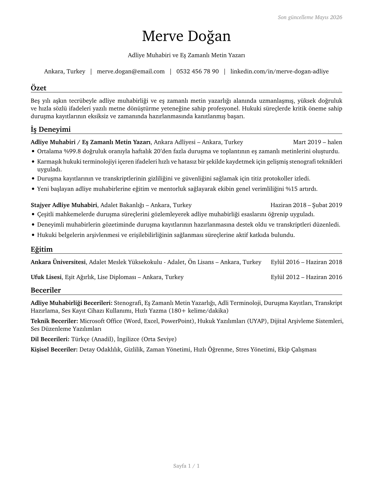 Court Reporters and Simultaneous Captioners CV in Turkish — page 1