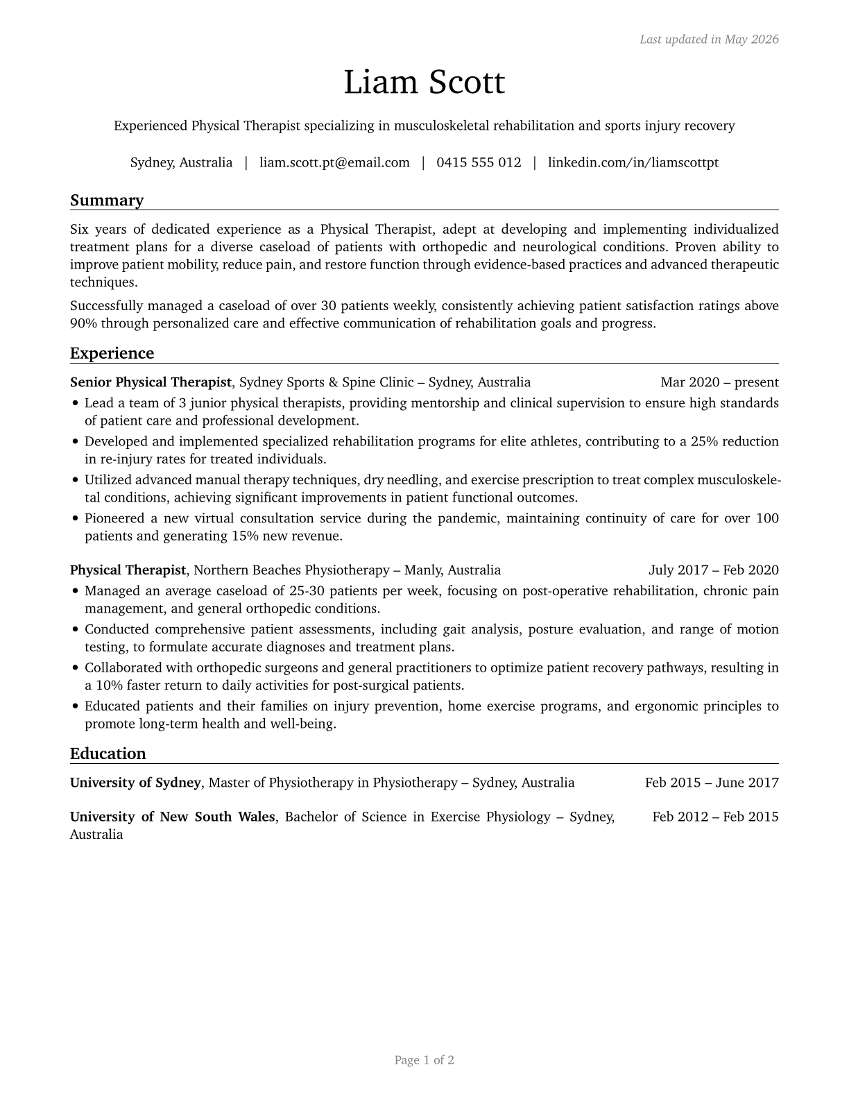 Physical Therapists CV in English — page 1