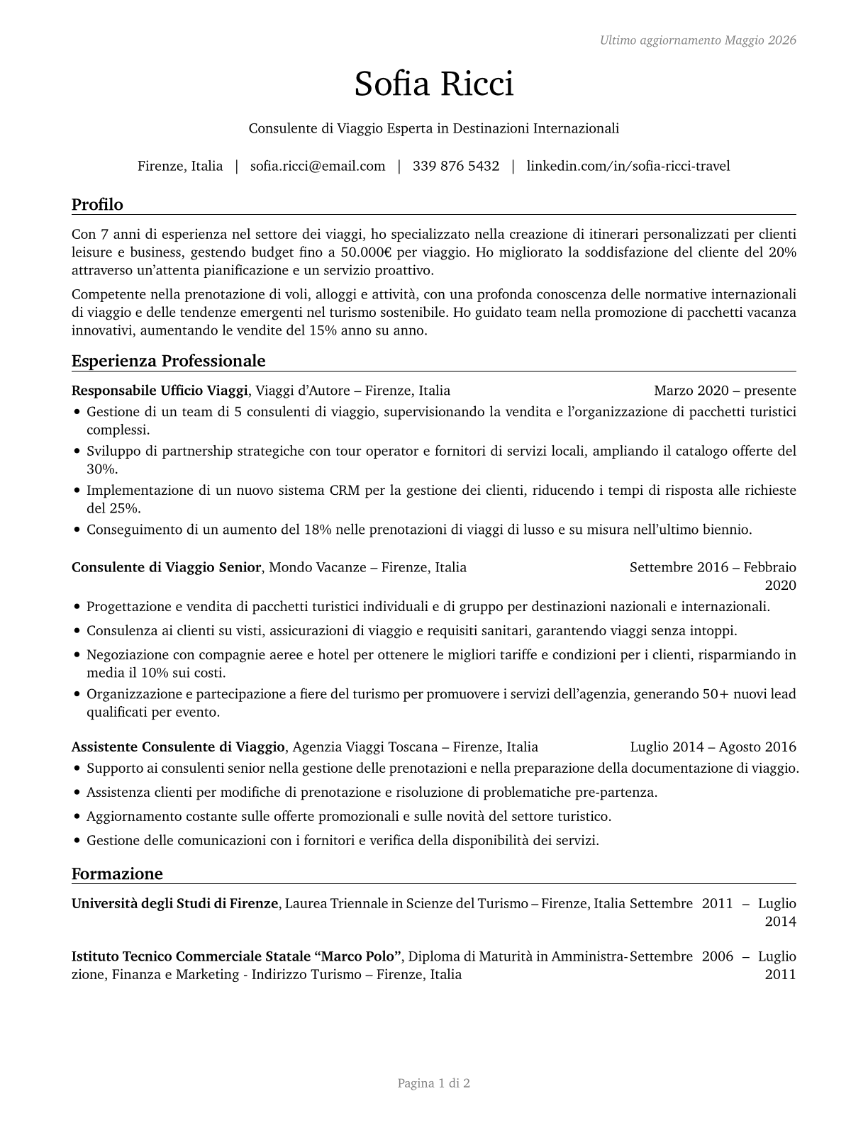 Travel Agents CV in Italian — page 1