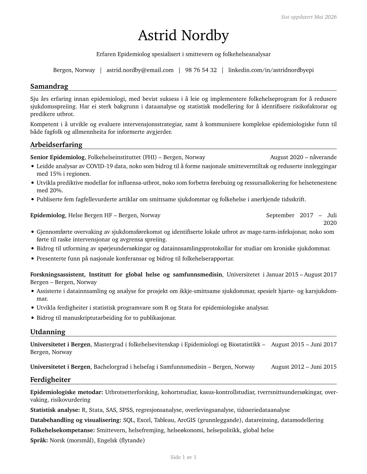 Epidemiologists CV in Norwegian_nynorsk — page 1