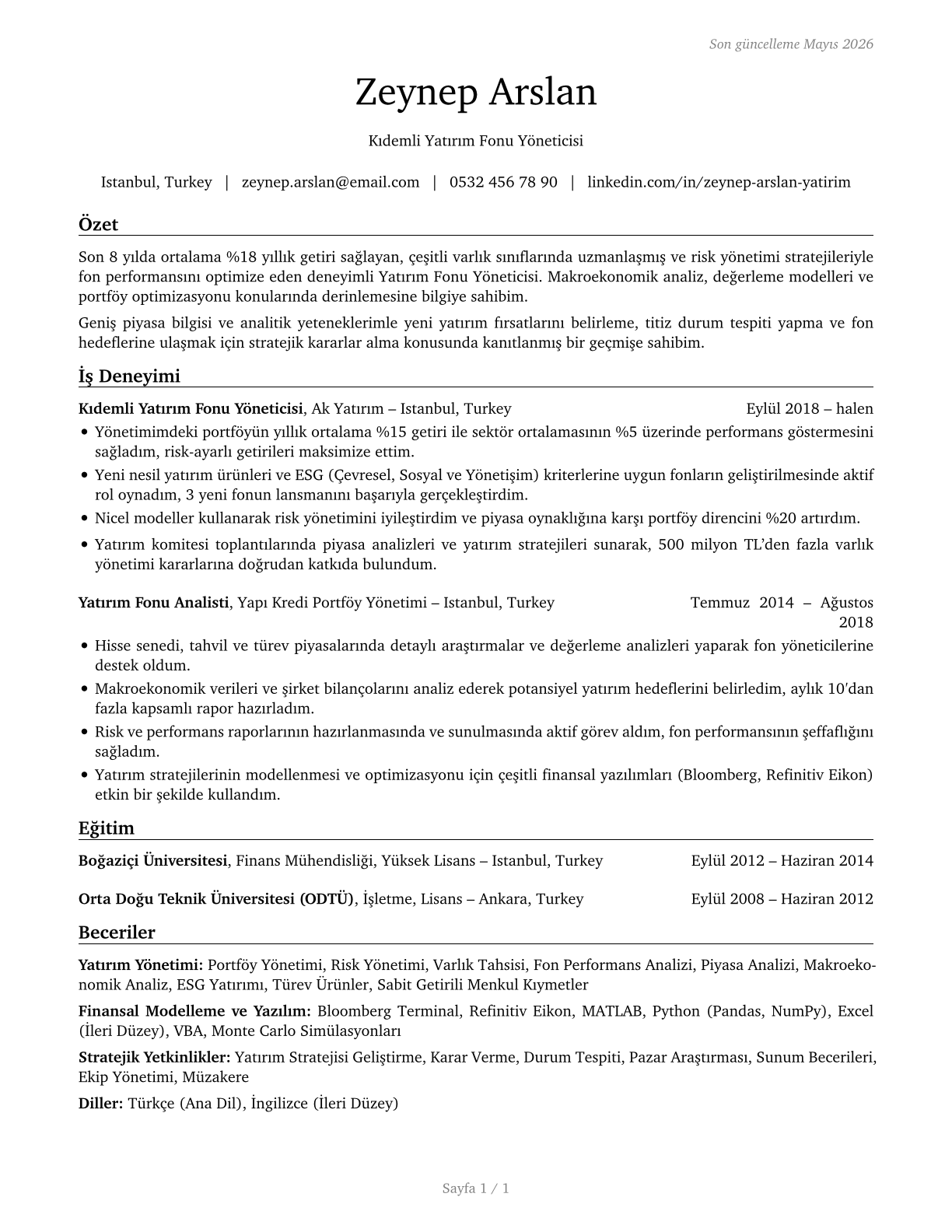 Investment Fund Managers CV in Turkish — page 1