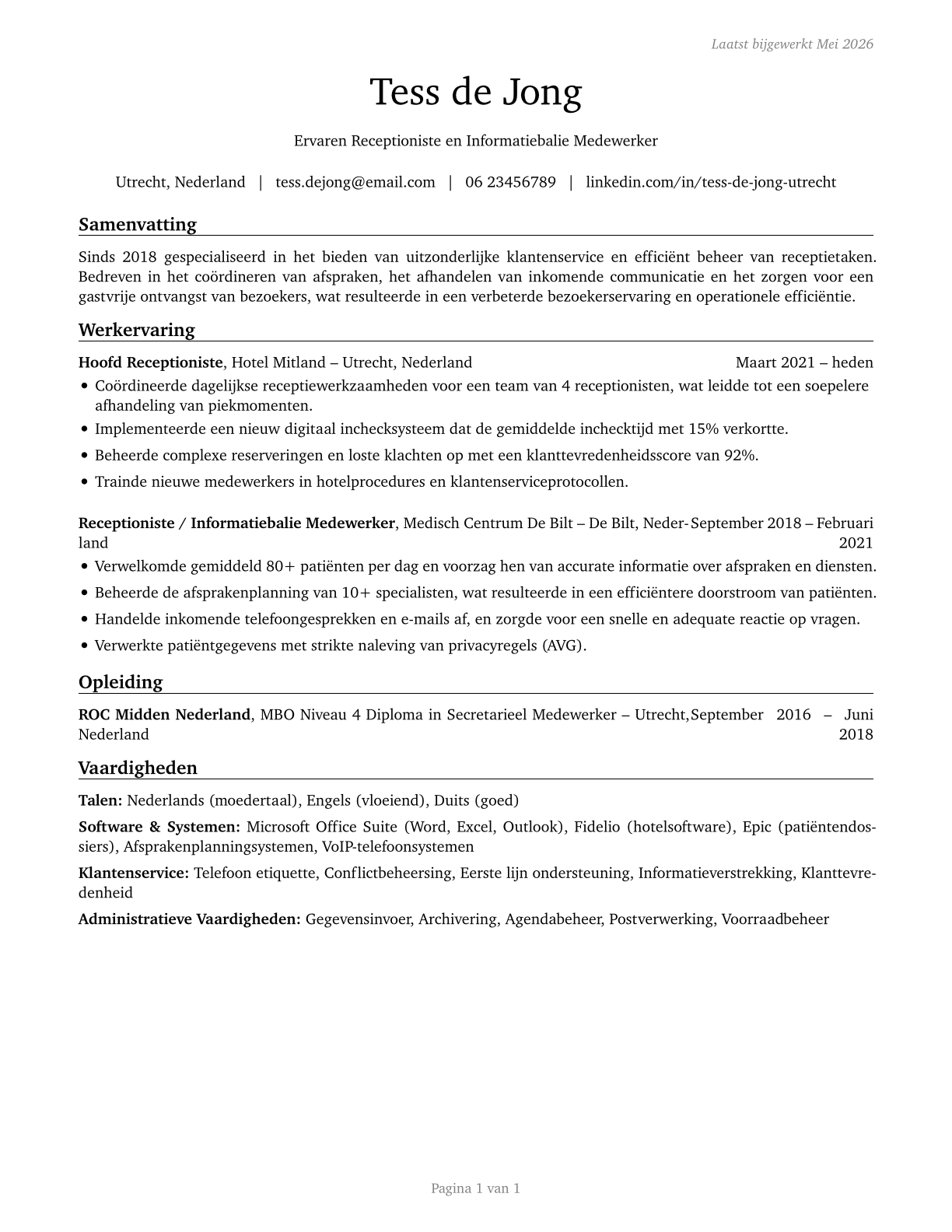 Receptionists and Information Clerks CV in Dutch — page 1