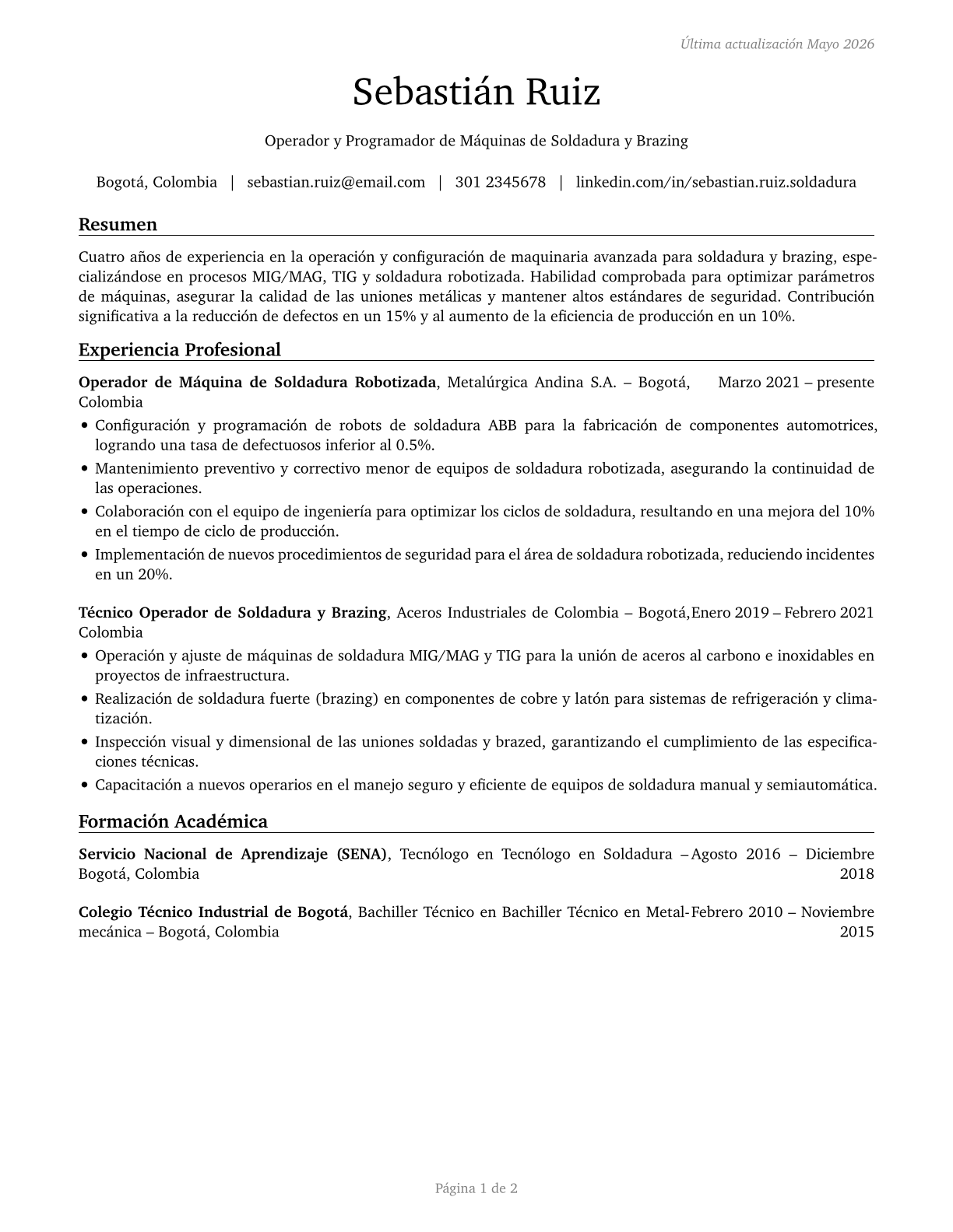 Welding, Soldering, and Brazing Machine Setters, Operators, and Tenders CV in Spanish — page 1