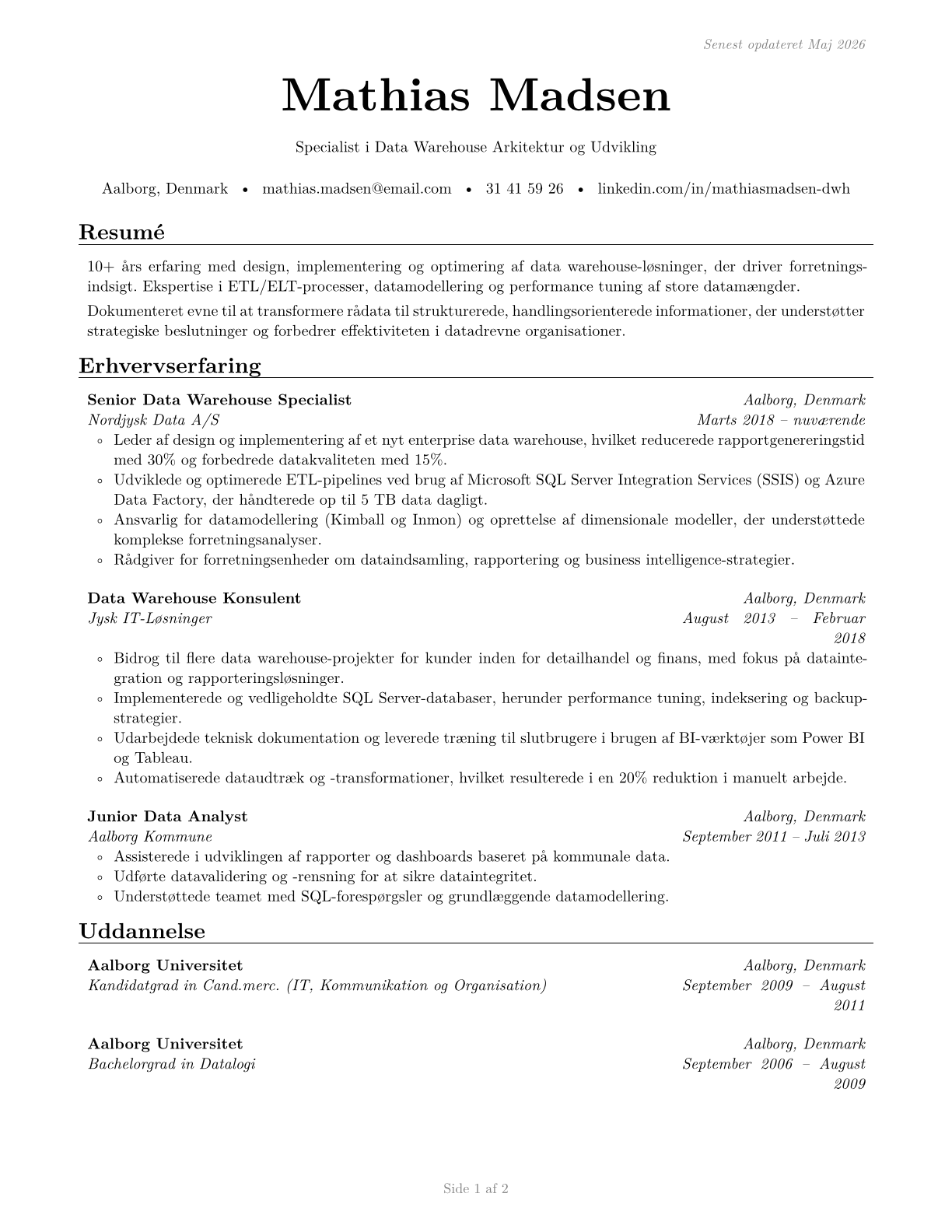 Data Warehousing Specialists CV in Danish — page 1