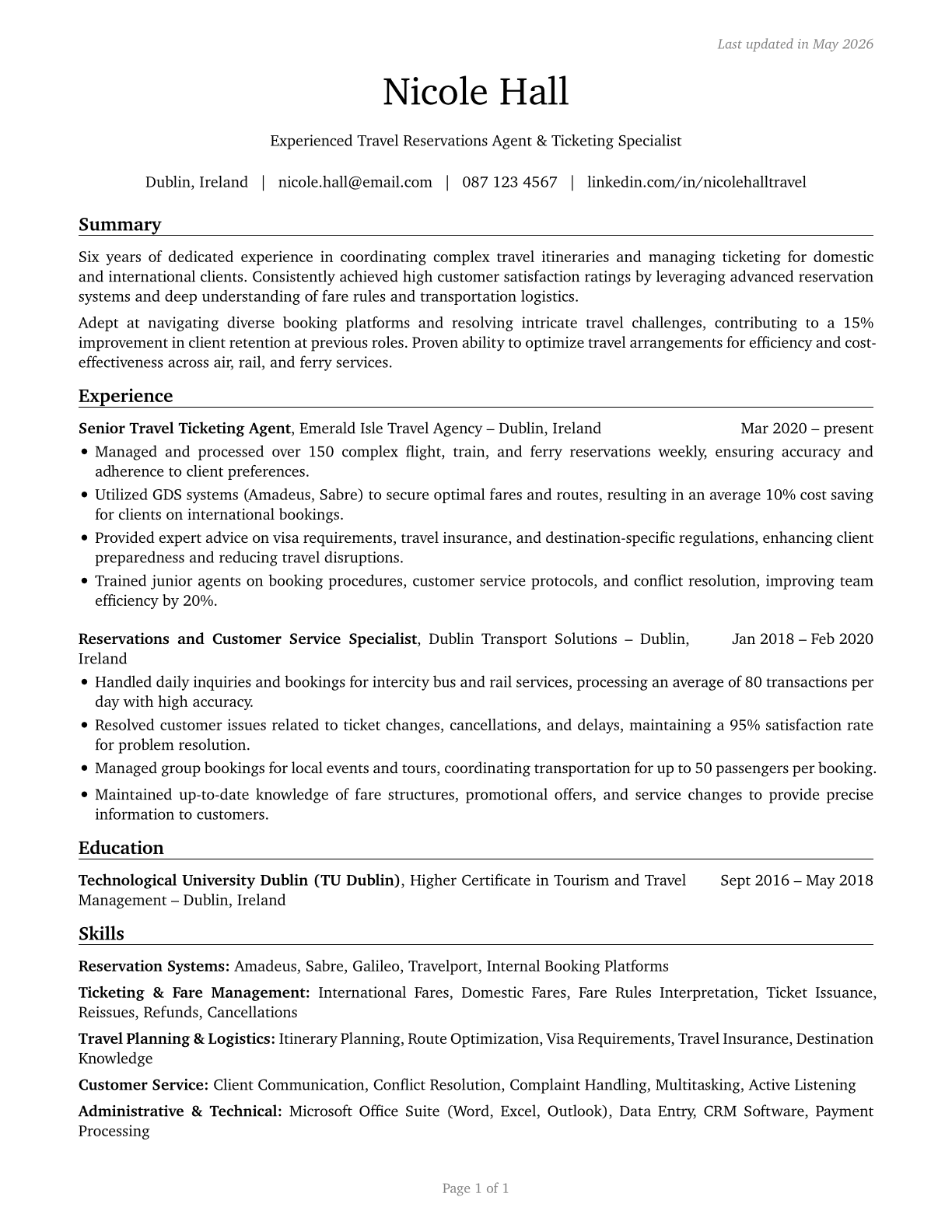 Reservation and Transportation Ticket Agents and Travel Clerks CV in English — page 1