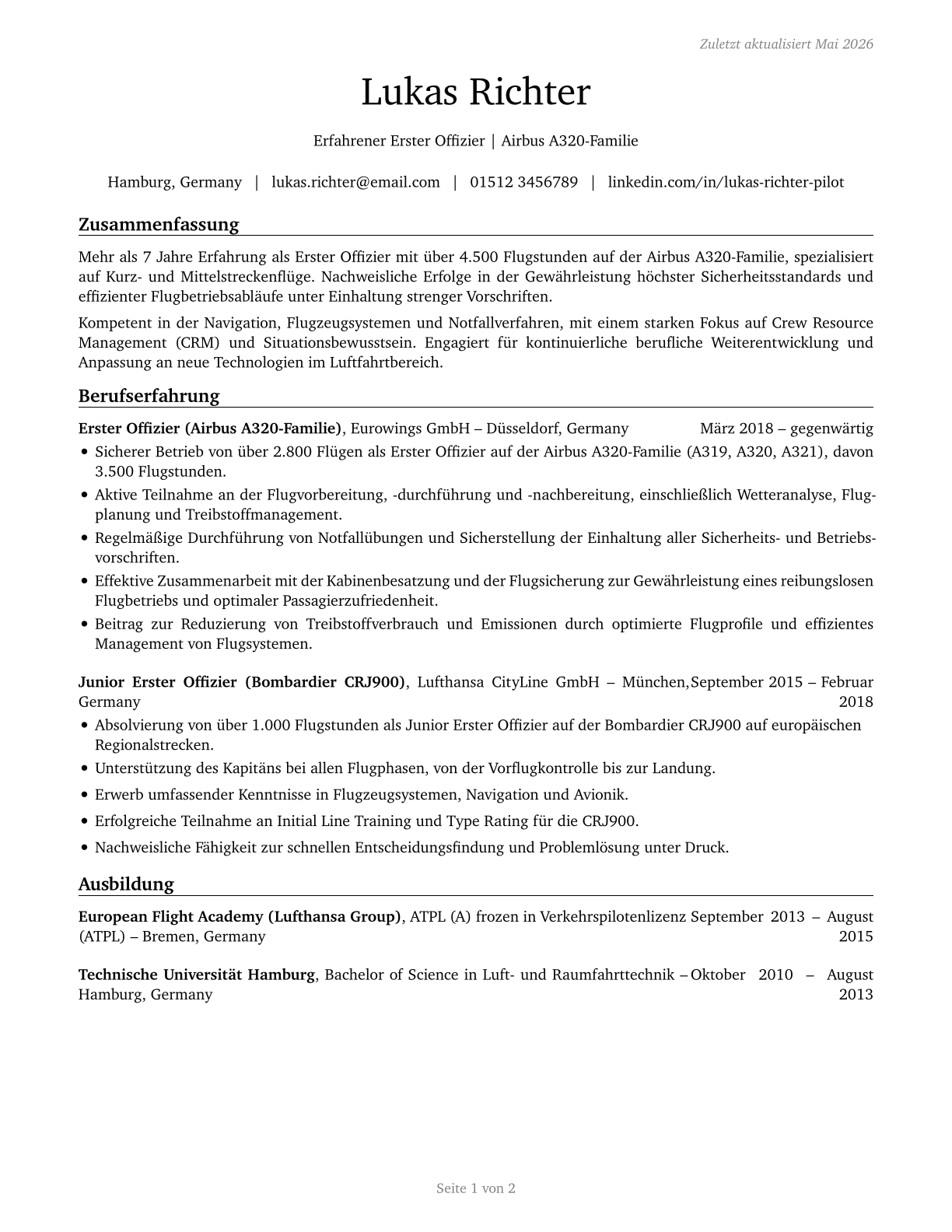 Airline Pilots, Copilots, and Flight Engineers CV in German — page 1