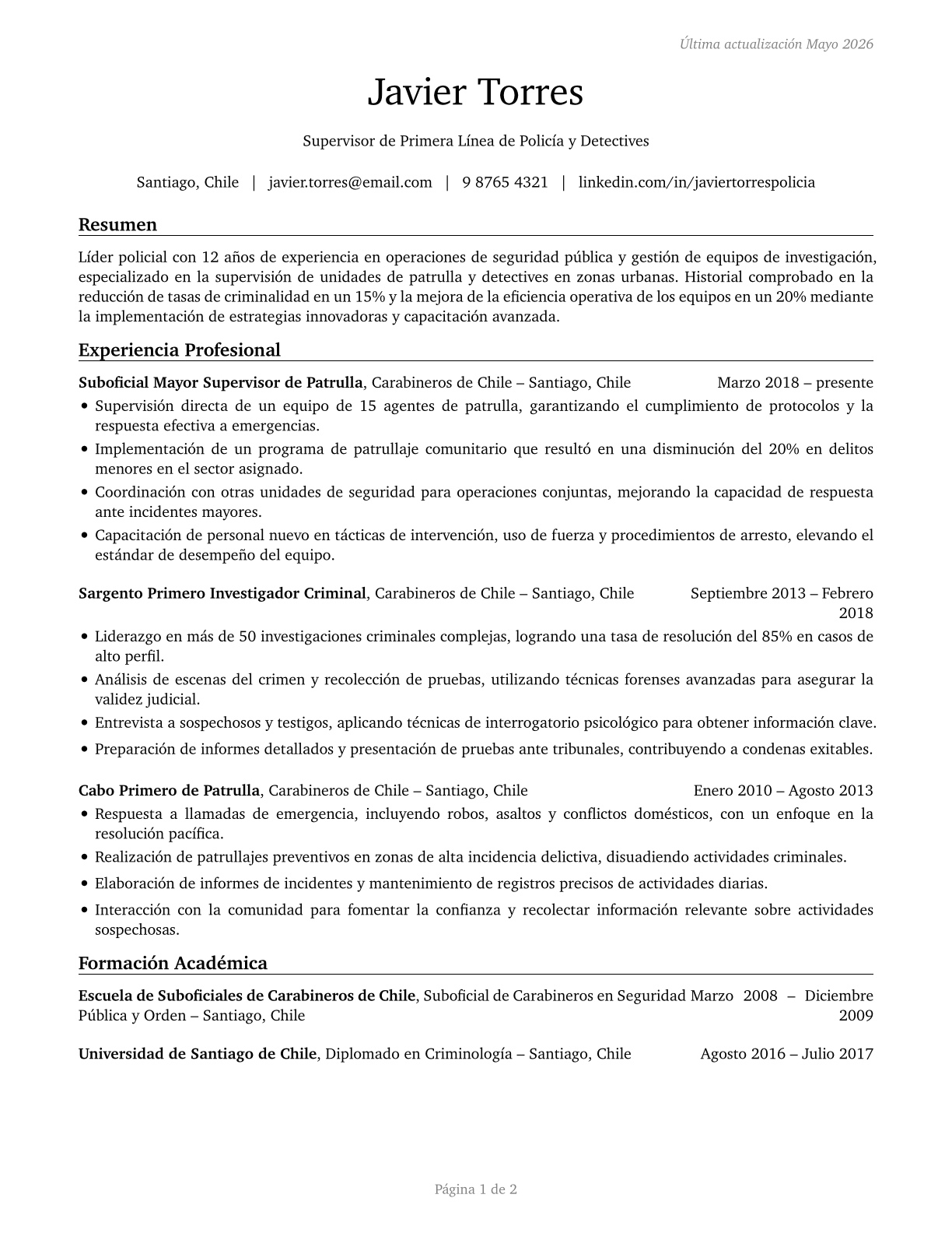 First-Line Supervisors of Police and Detectives CV in Spanish — page 1
