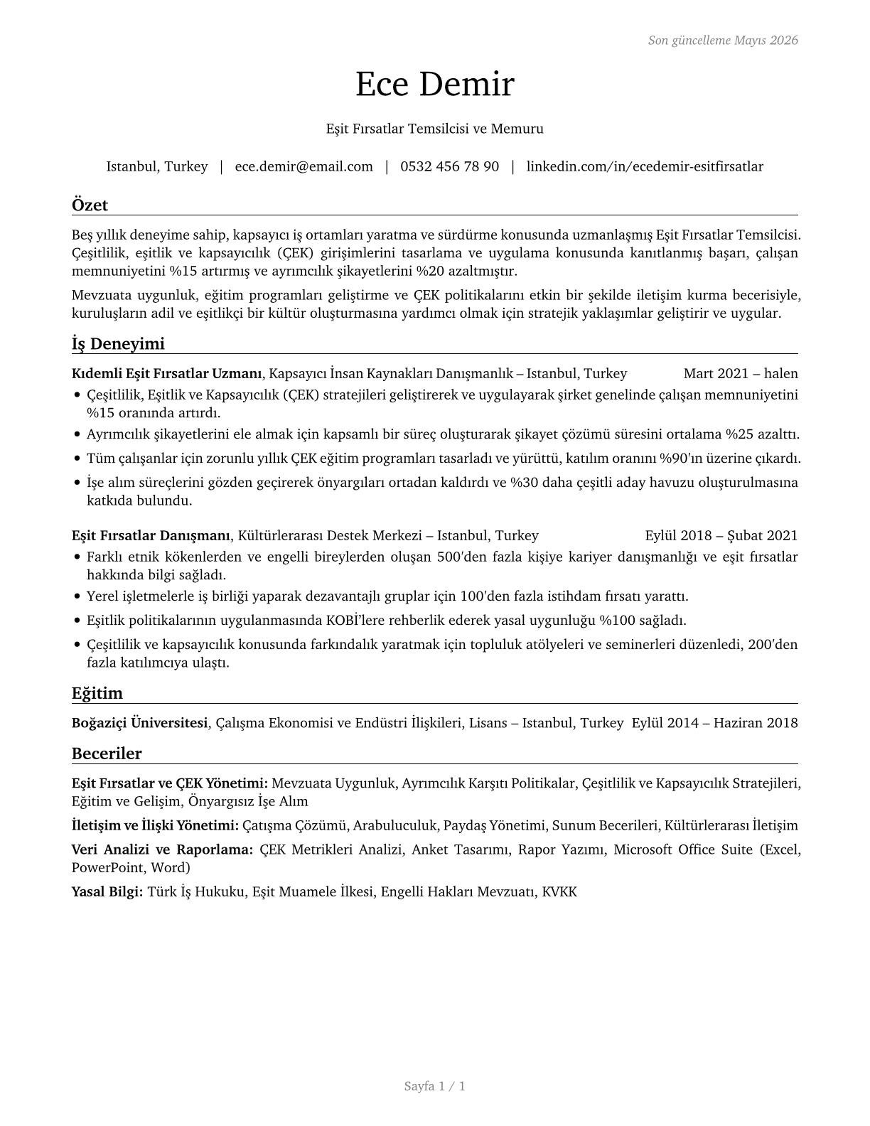 Equal Opportunity Representatives and Officers CV in Turkish — page 1
