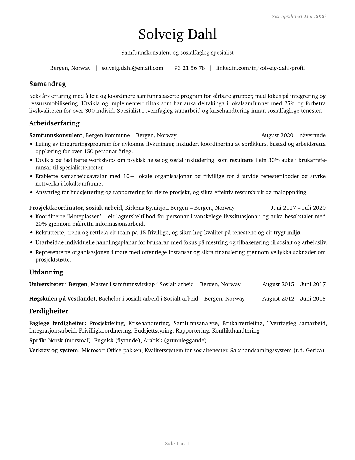 Community and Social Service Specialists, All Other CV in Norwegian_nynorsk — page 1