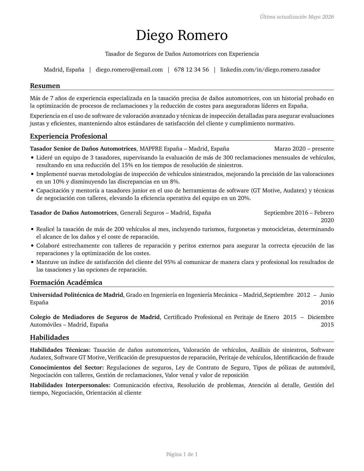 Insurance Appraisers, Auto Damage CV in Spanish — page 1