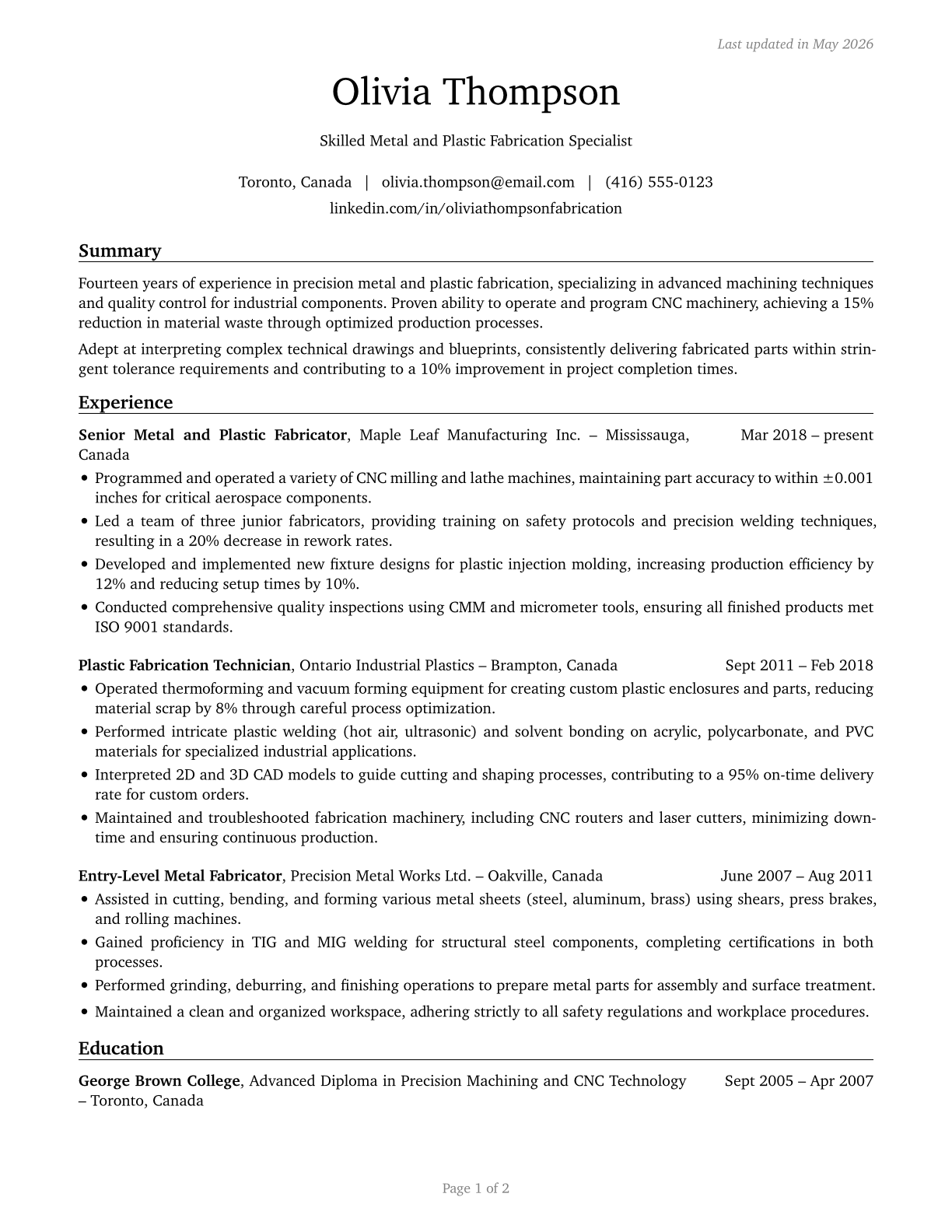 Metal Workers and Plastic Workers, All Other CV in English — page 1