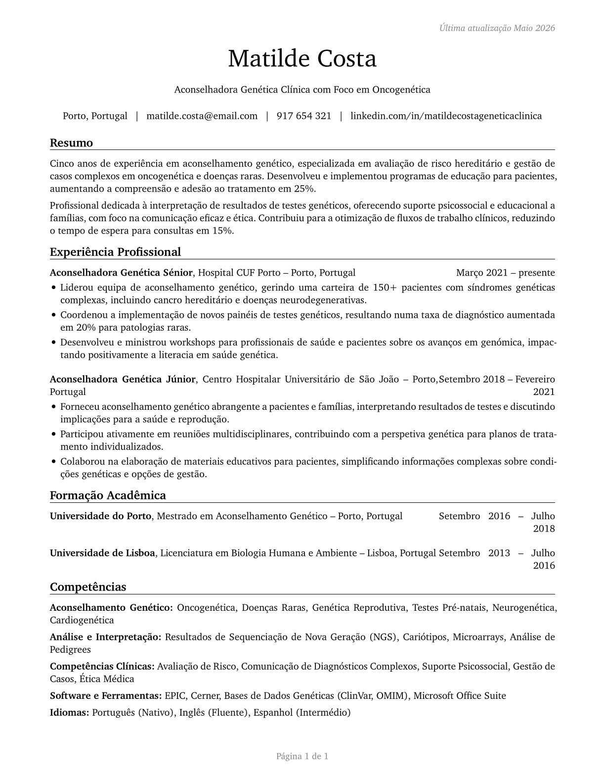 Genetic Counselors CV in Portuguese — page 1