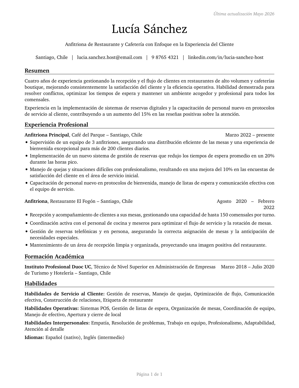 Hosts and Hostesses, Restaurant, Lounge, and Coffee Shop CV in Spanish — page 1