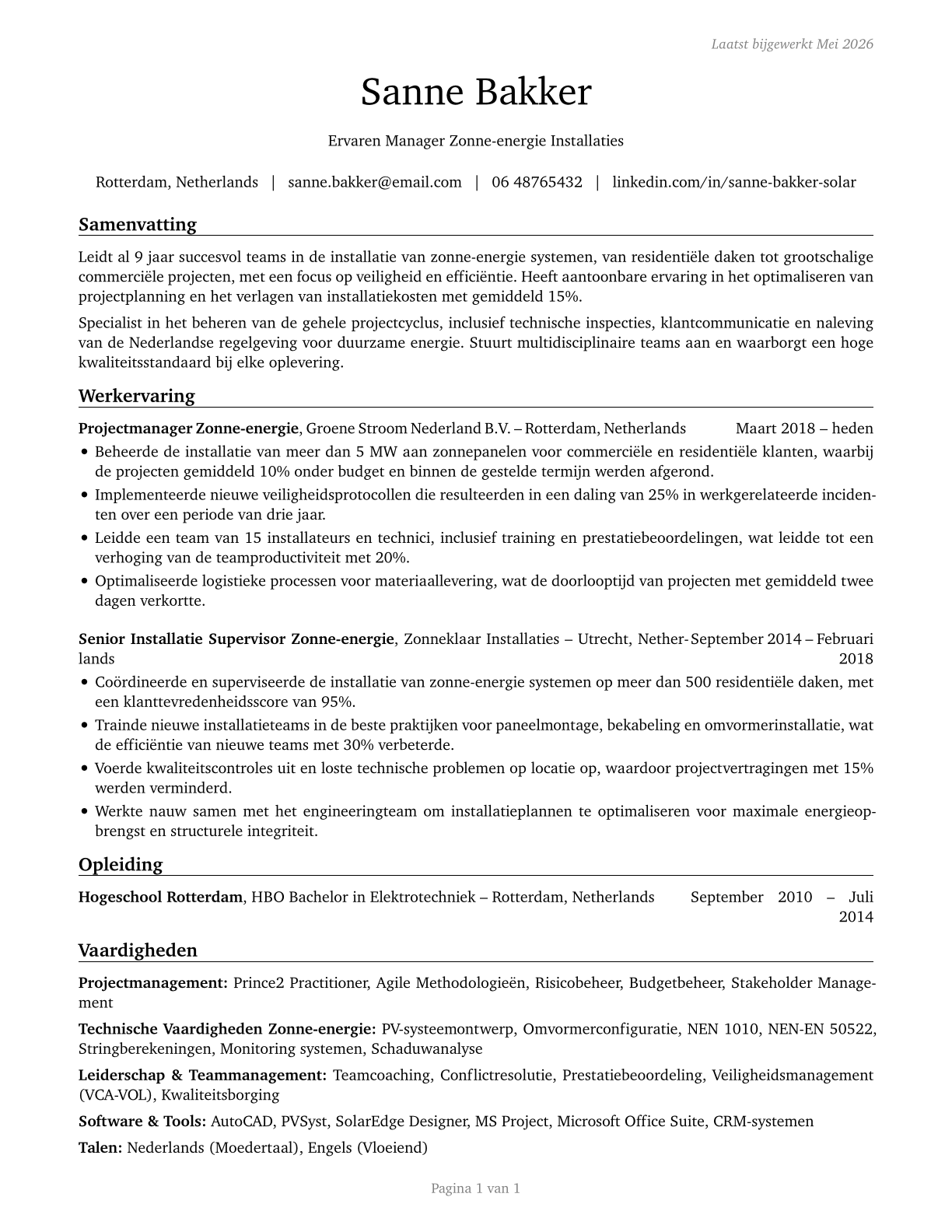 Solar Energy Installation Managers CV in Dutch — page 1