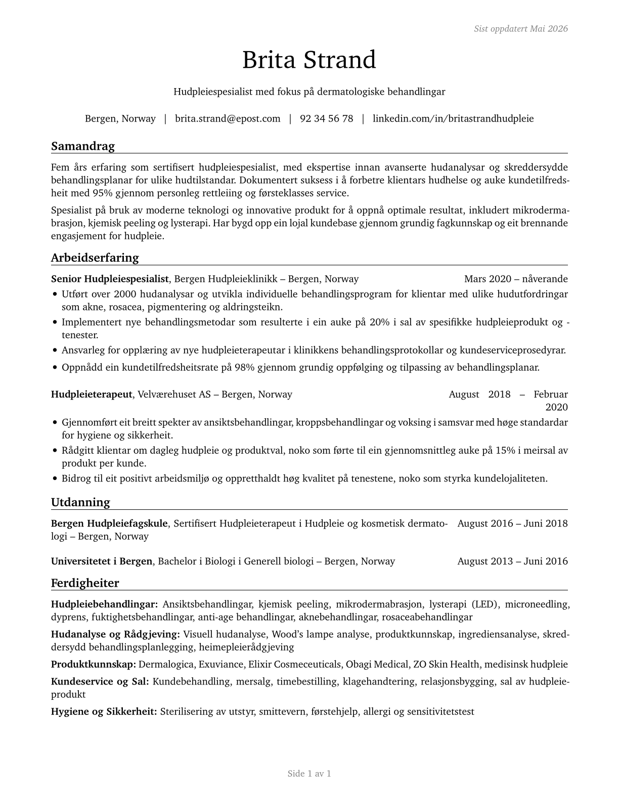Skincare Specialists CV in Norwegian_nynorsk — page 1