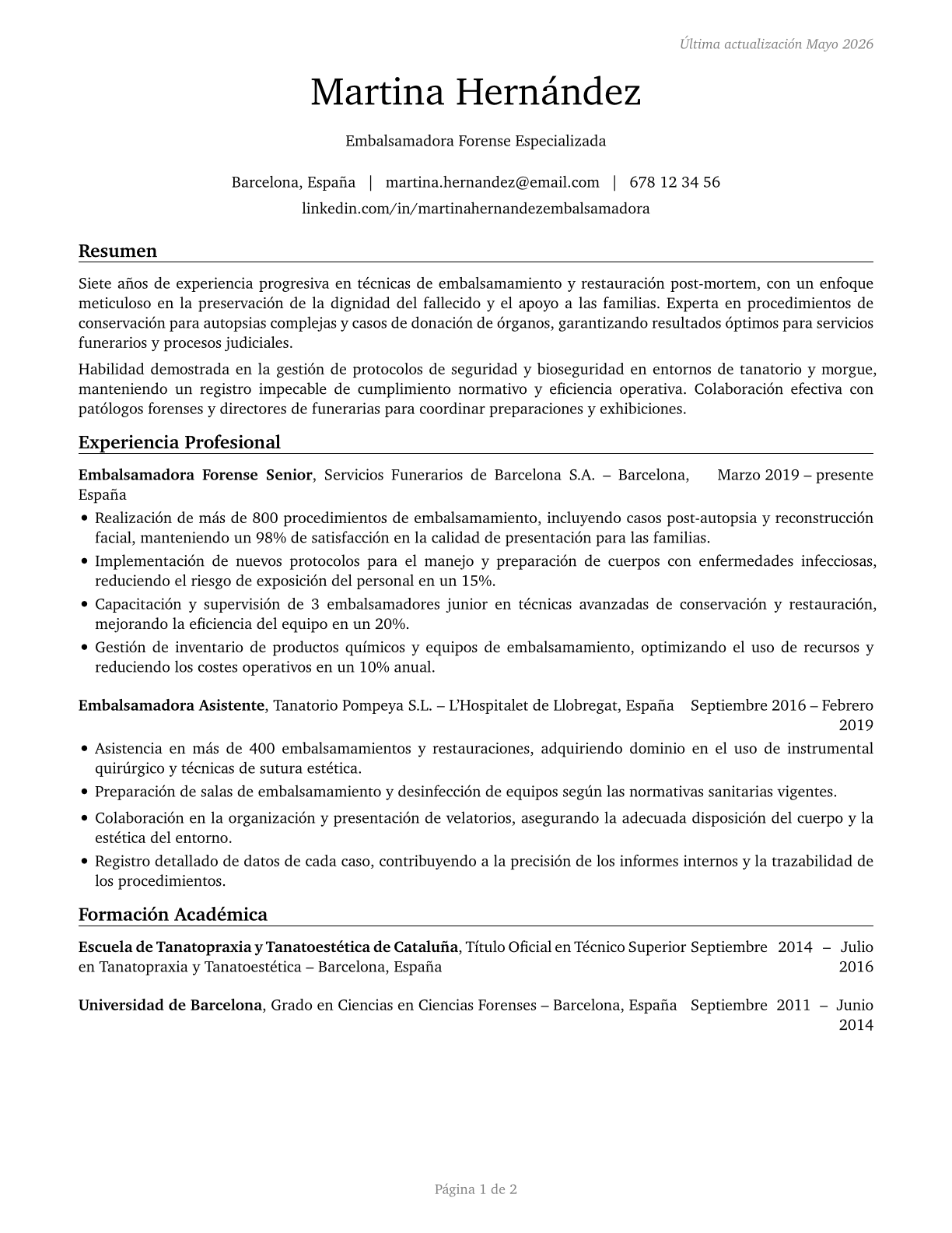 Embalmers CV in Spanish — page 1