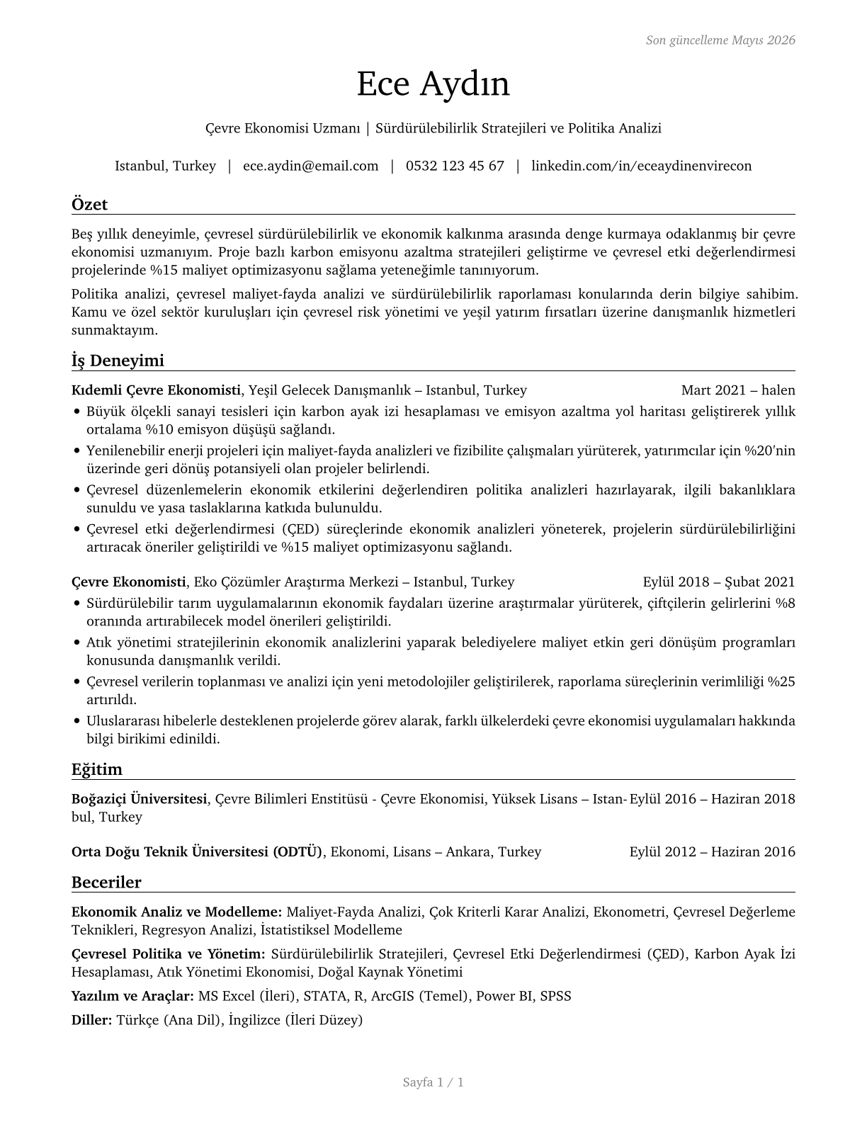 Environmental Economists CV in Turkish — page 1