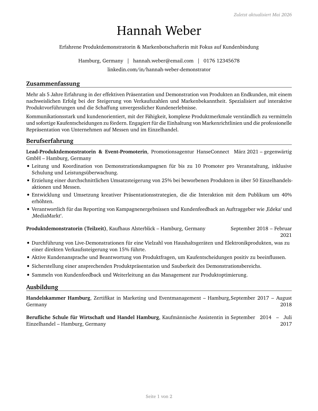 Demonstrators and Product Promoters CV in German — page 1