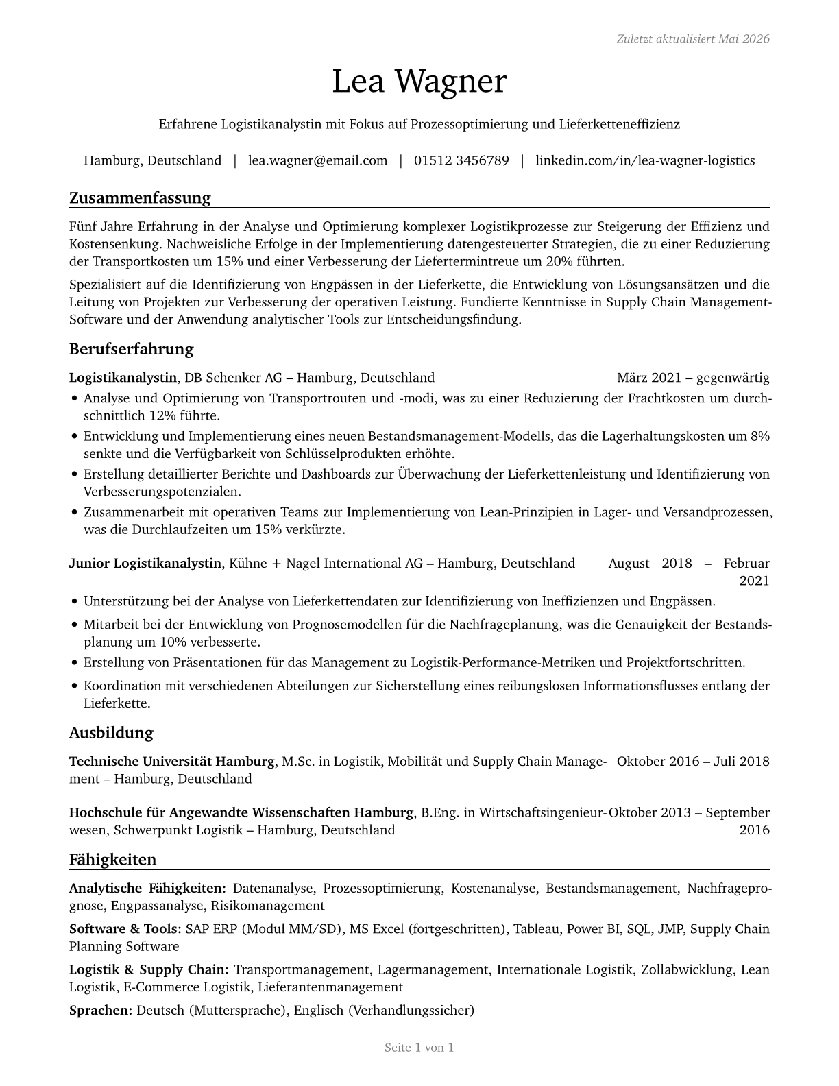 Logistics Analysts CV in German — page 1