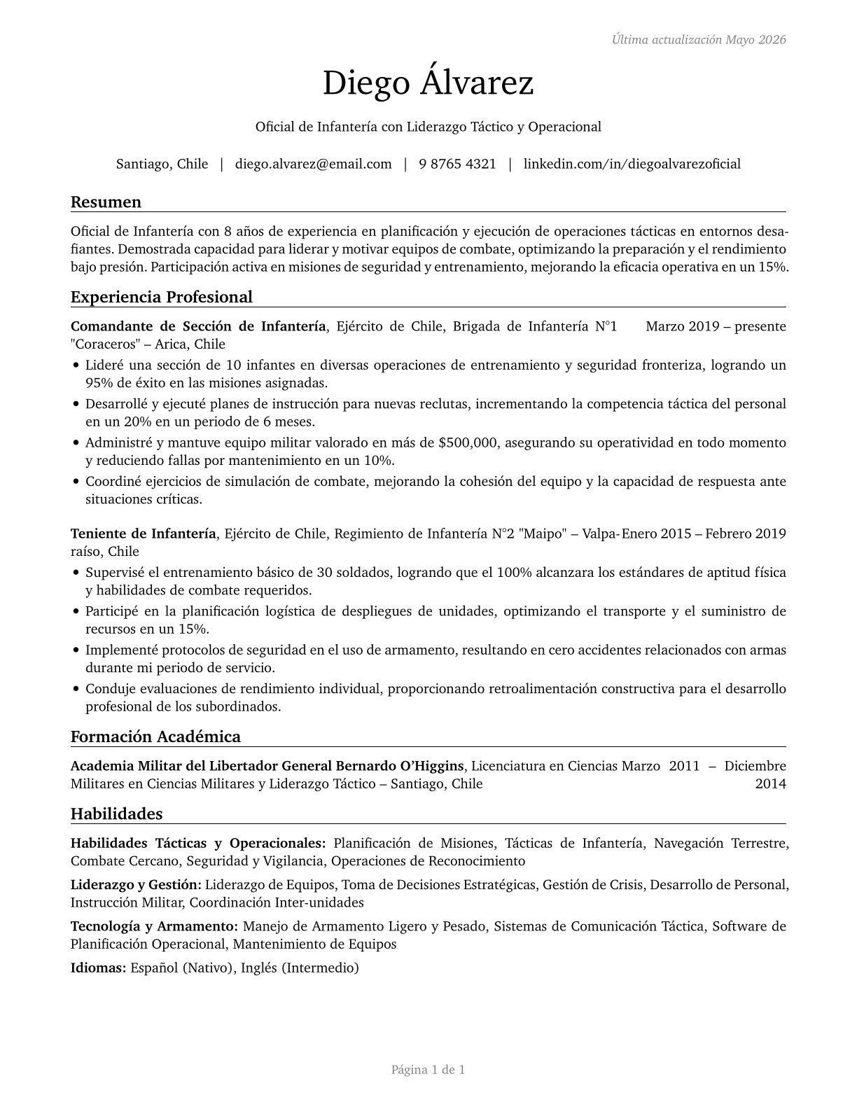 Infantry Officers CV in Spanish — page 1