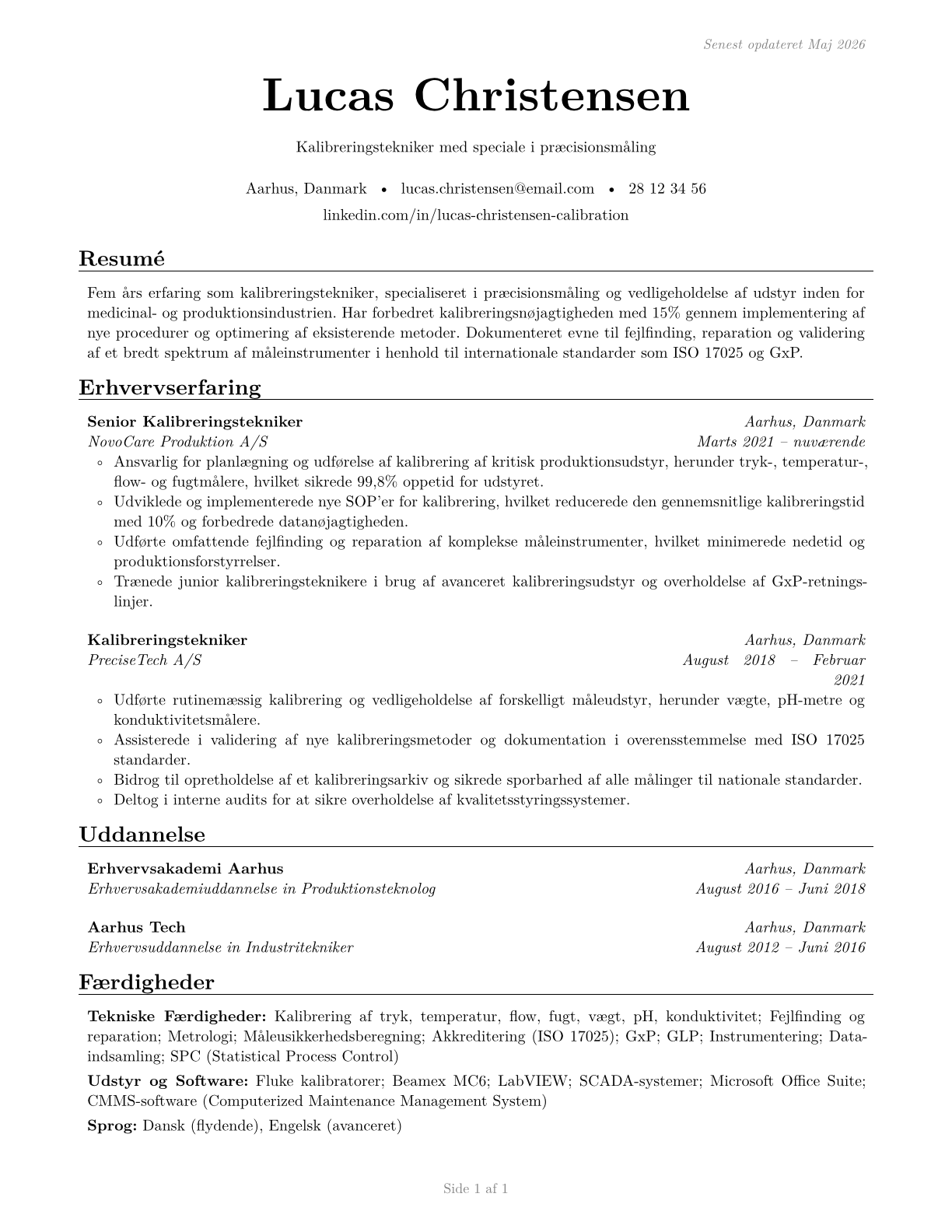 Calibration Technologists and Technicians CV in Danish — page 1