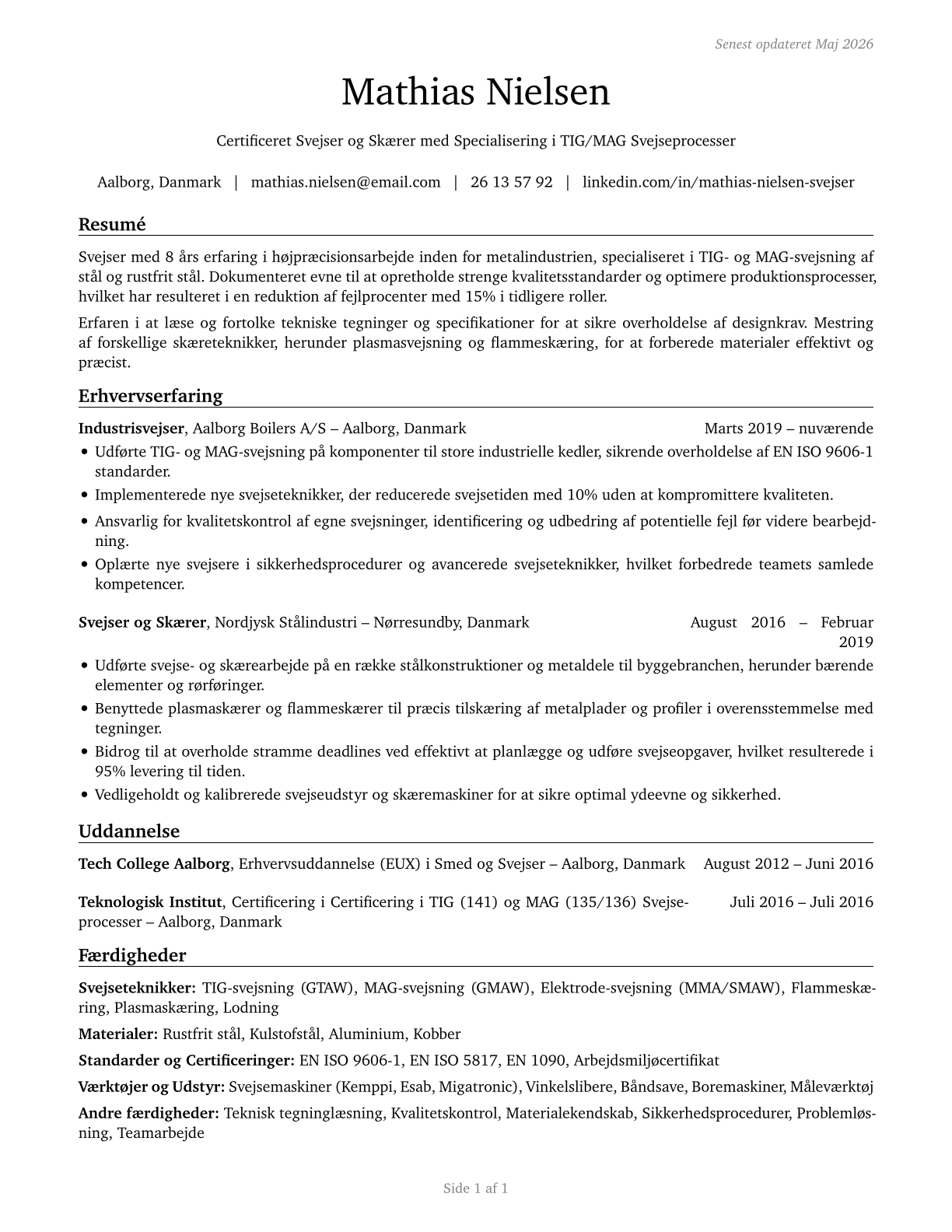 Welders, Cutters, Solderers, and Brazers CV in Danish — page 1