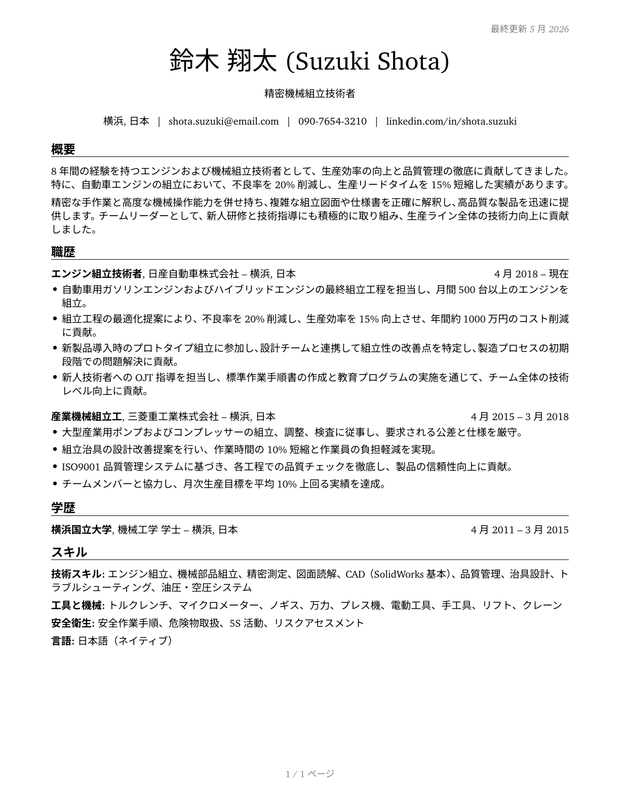 Engine and Other Machine Assemblers CV in Japanese — page 1
