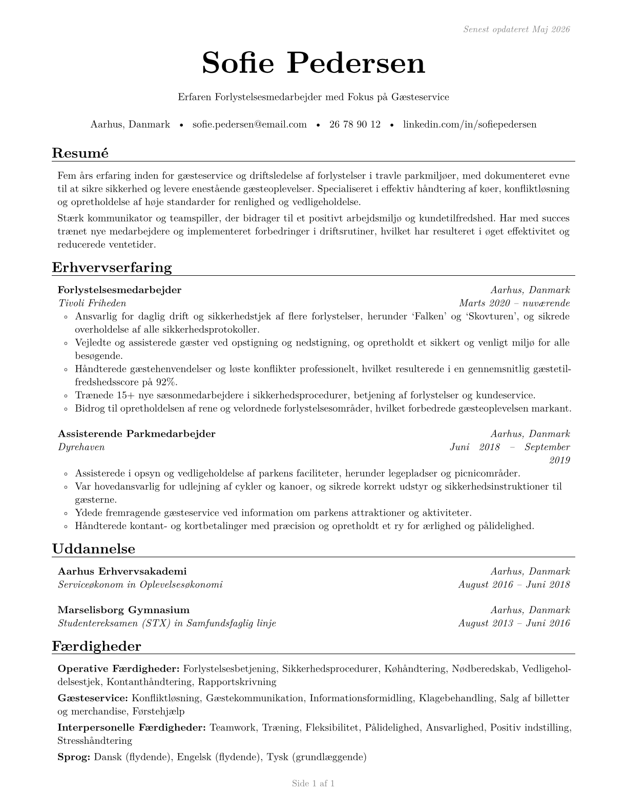 Amusement and Recreation Attendants CV in Danish — page 1