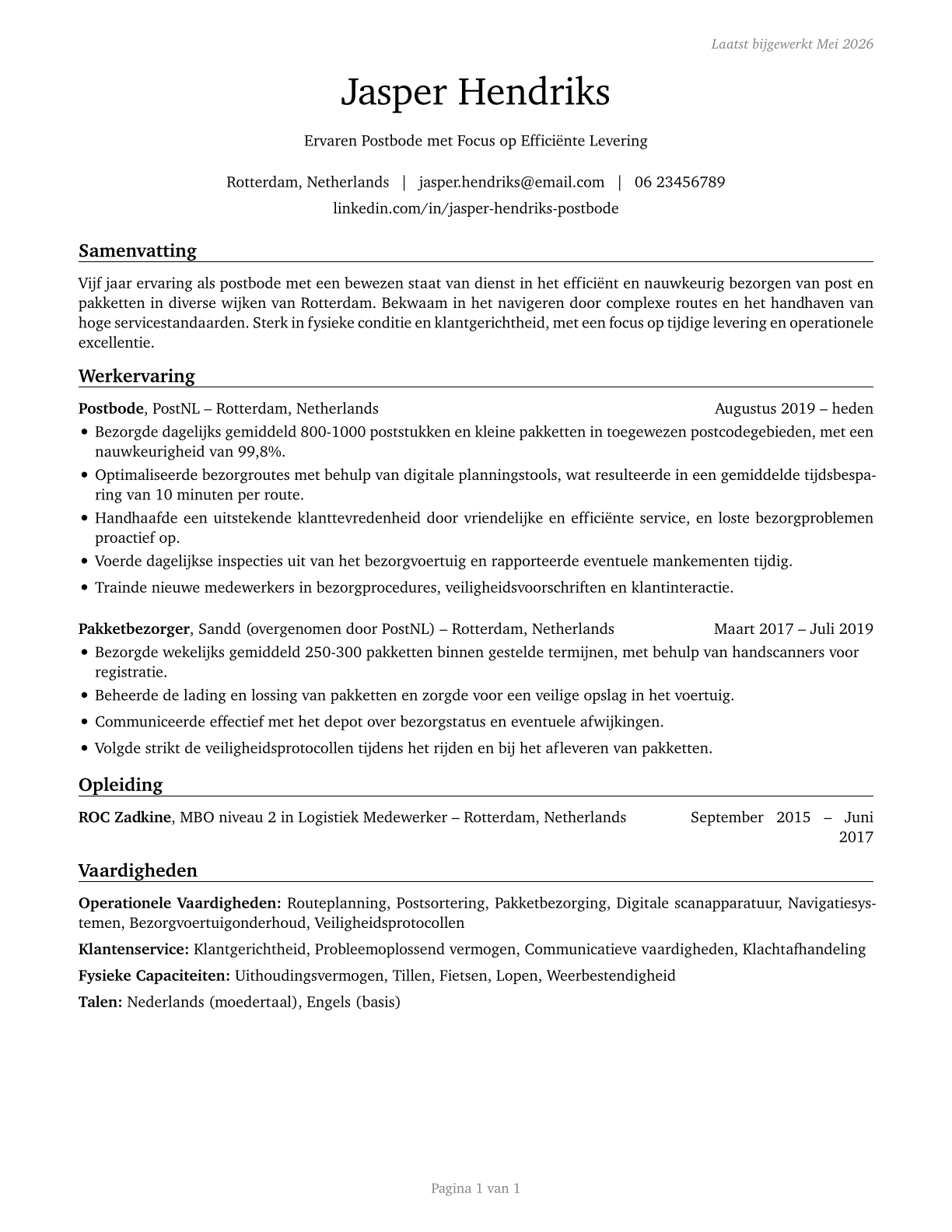 Postal Service Mail Carriers CV in Dutch — page 1