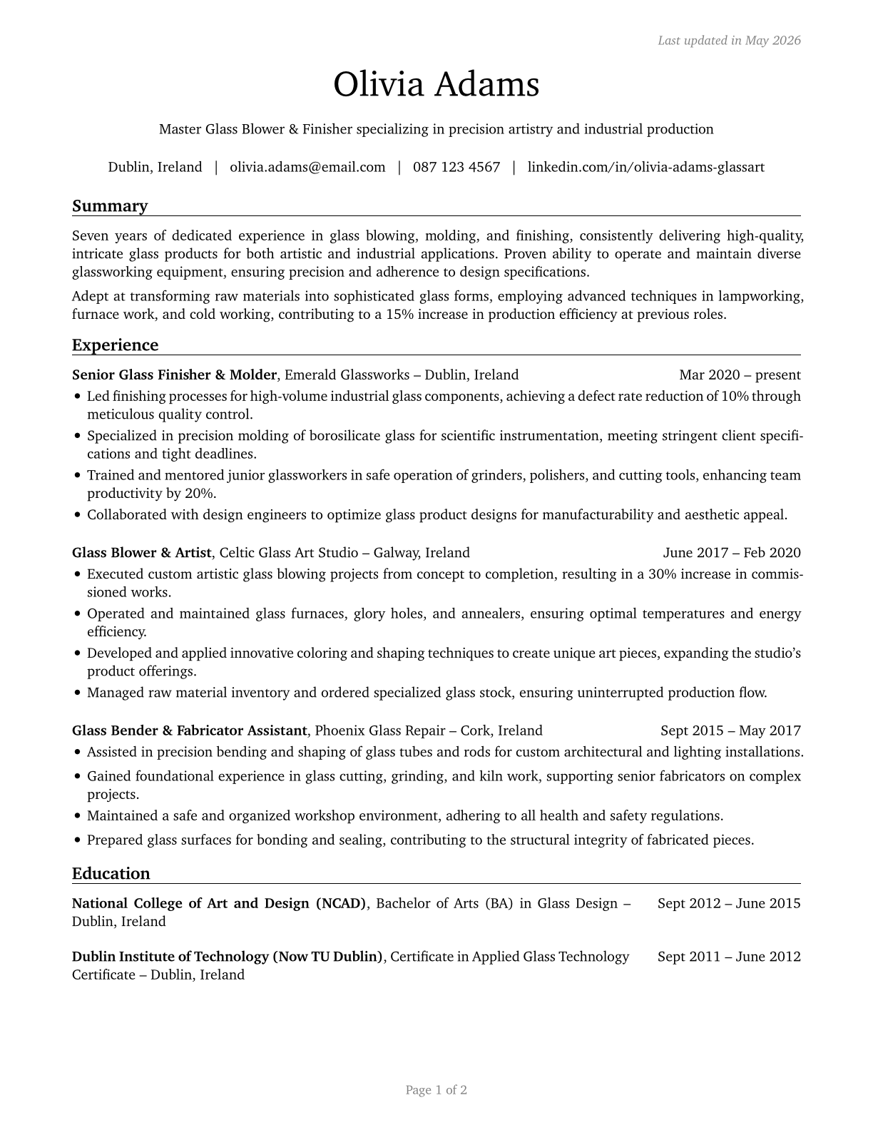 Glass Blowers, Molders, Benders, and Finishers CV in English — page 1