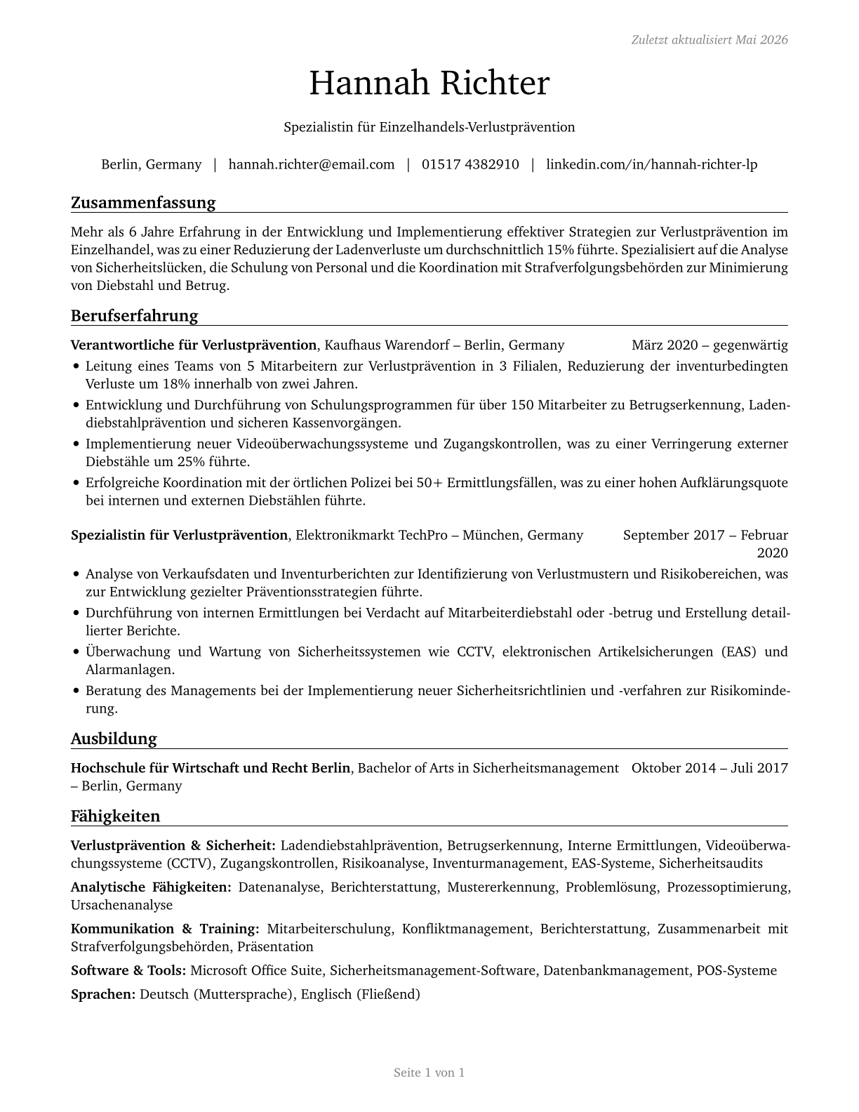 Retail Loss Prevention Specialists CV in German — page 1