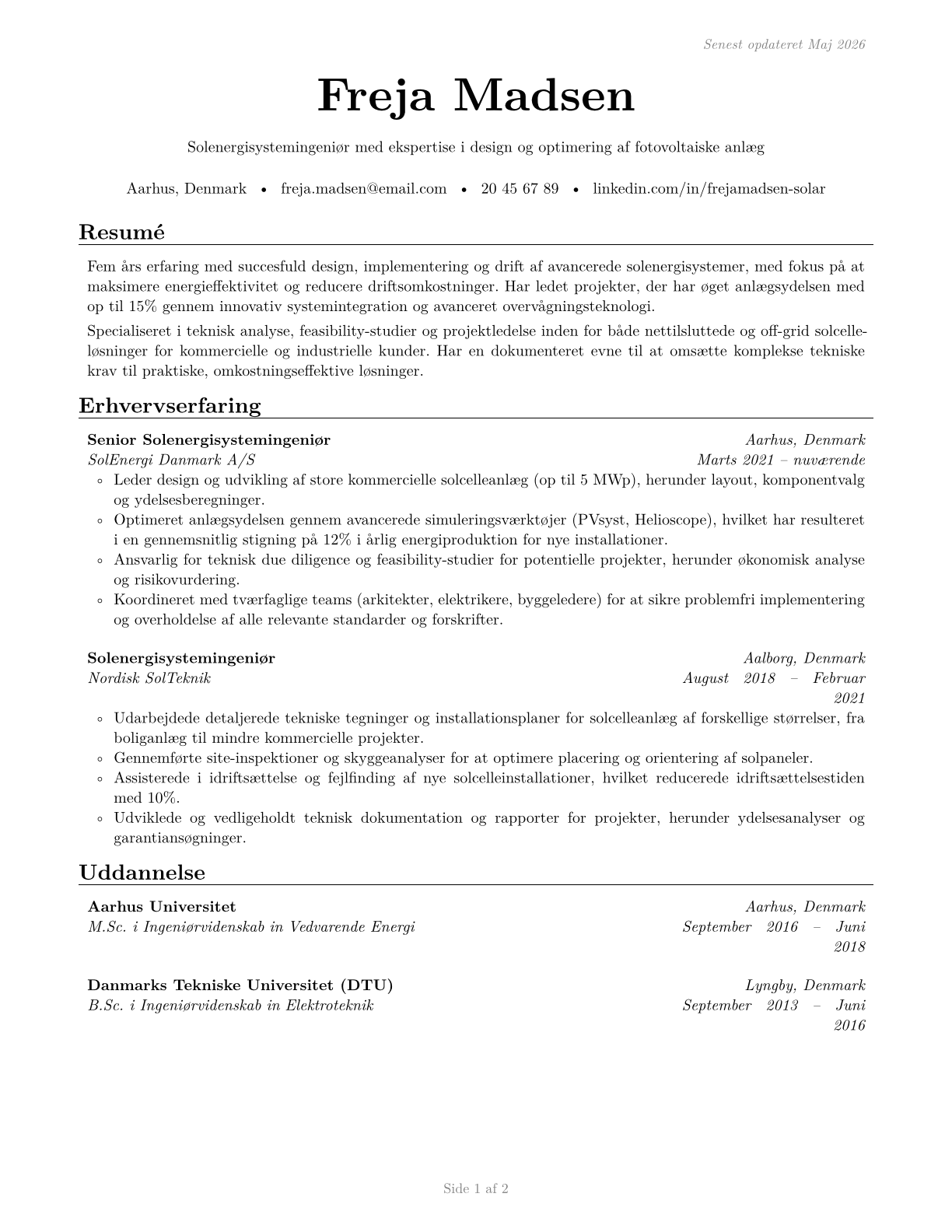 Solar Energy Systems Engineers CV in Danish — page 1