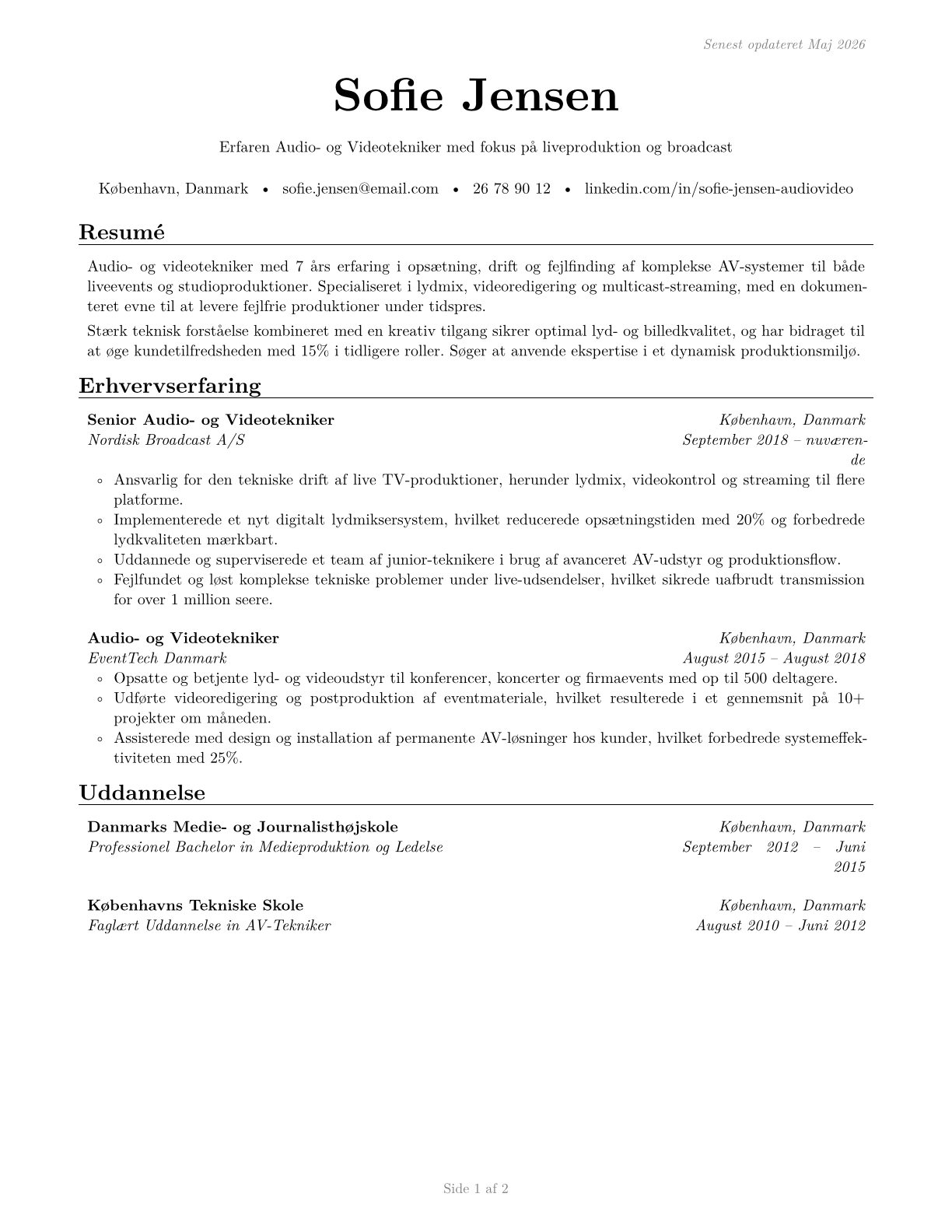 Audio and Video Technicians CV in Danish — page 1