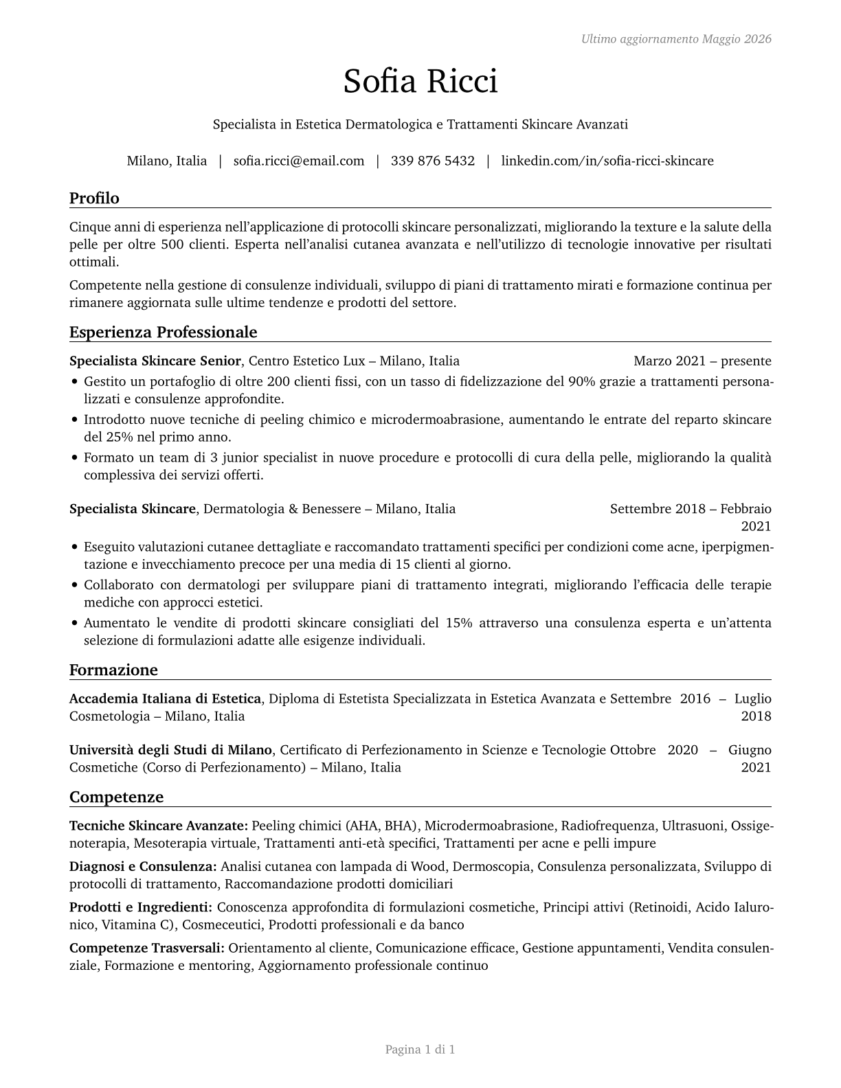 Skincare Specialists CV in Italian — page 1