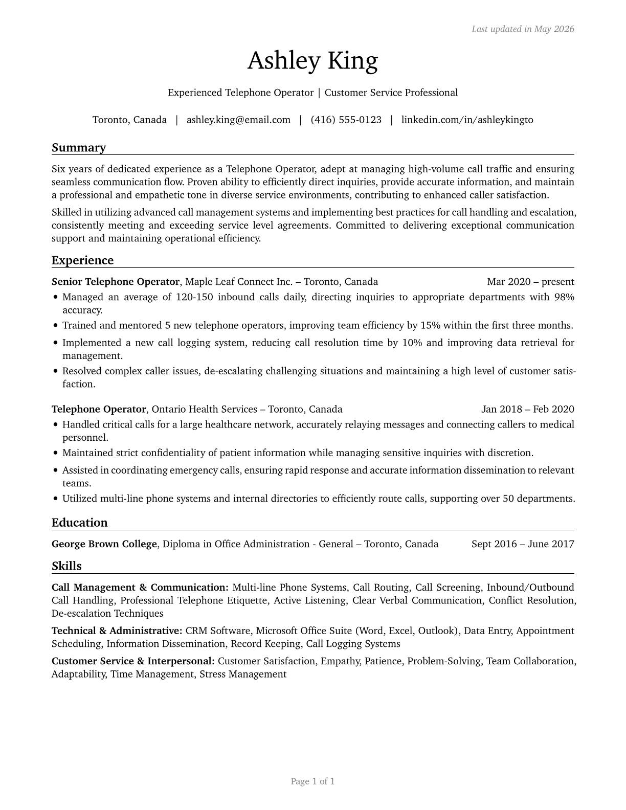 Telephone Operators CV in English — page 1