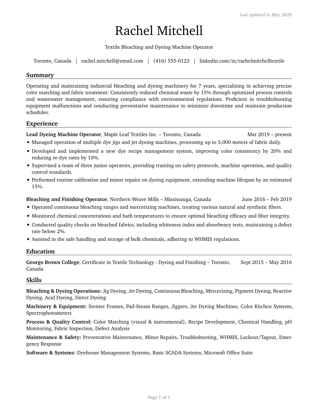 Textile Bleaching and Dyeing Machine Operators and Tenders CV in English — page 1