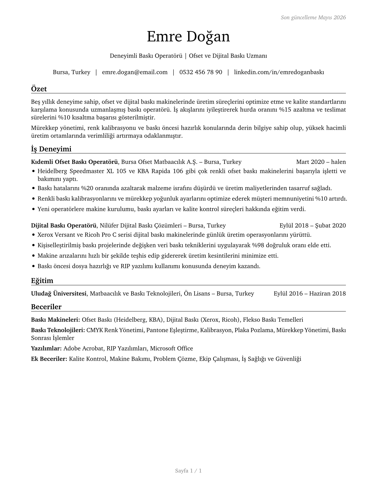 Printing Press Operators CV in Turkish — page 1