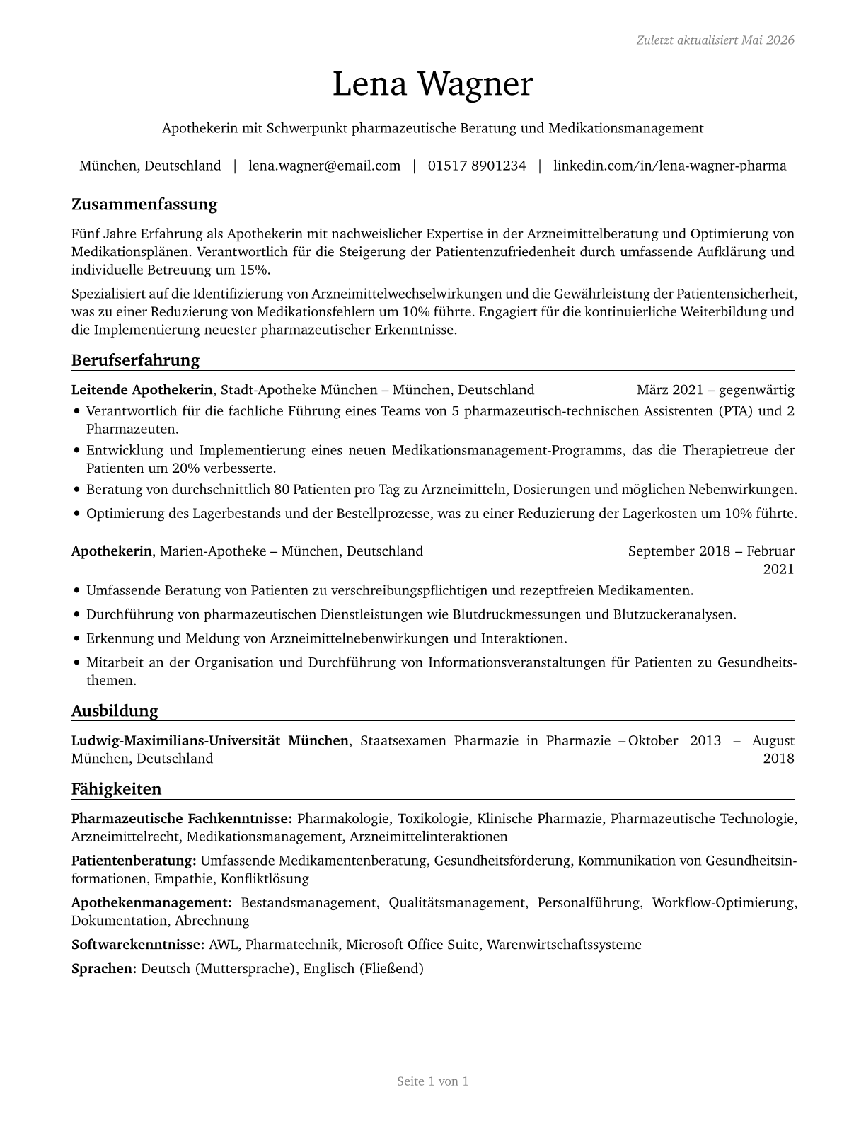 Pharmacists CV in German — page 1