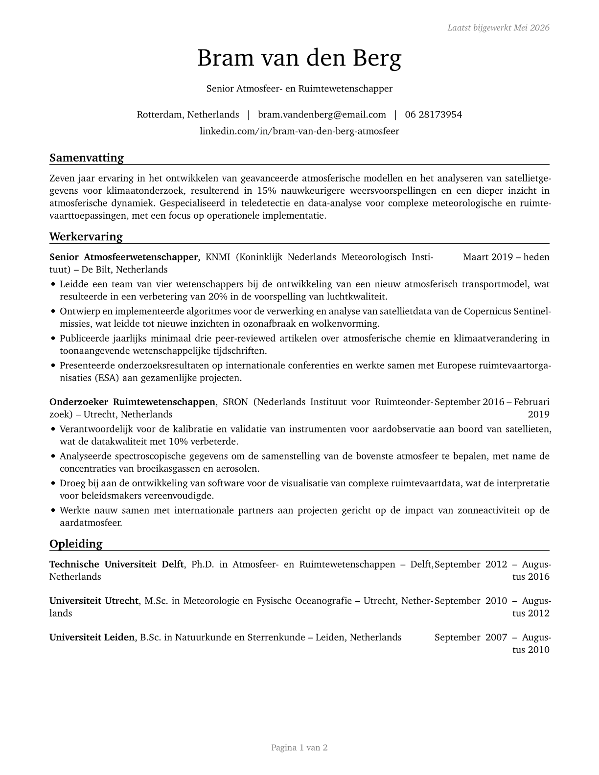 Atmospheric and Space Scientists CV in Dutch — page 1