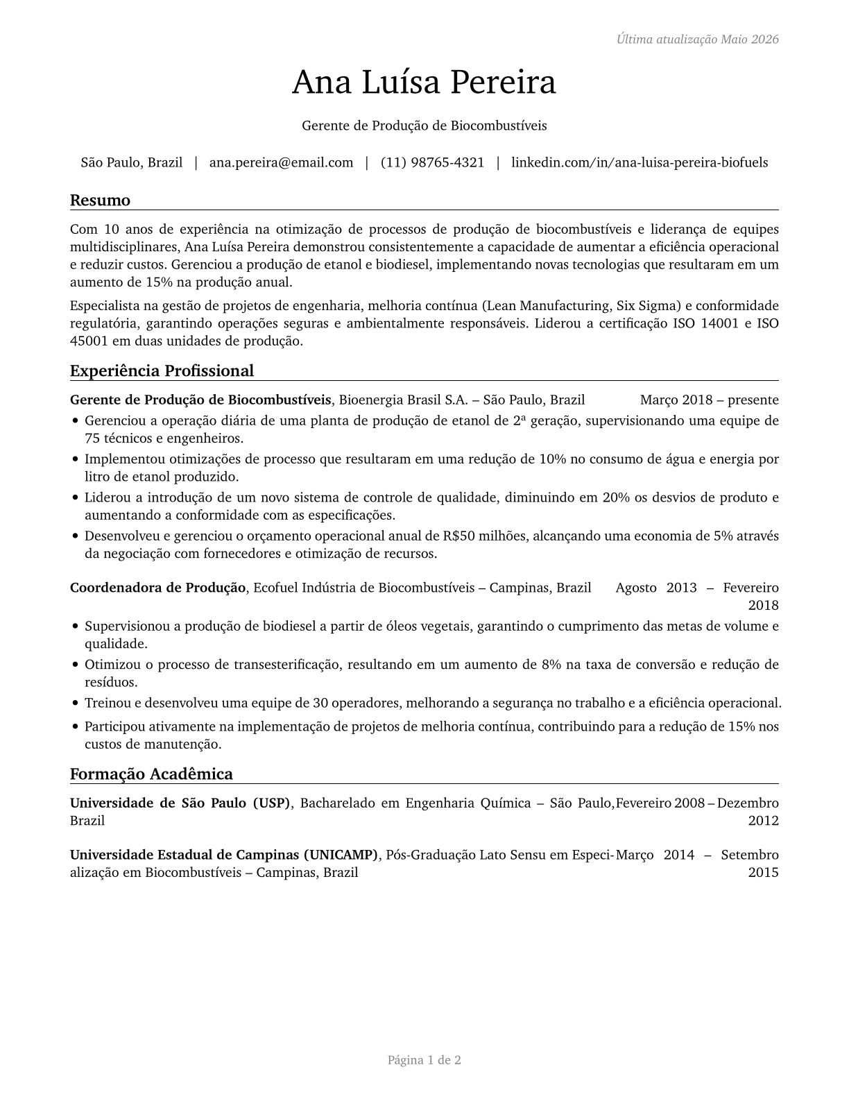 Biofuels Production Managers CV in Portuguese — page 1