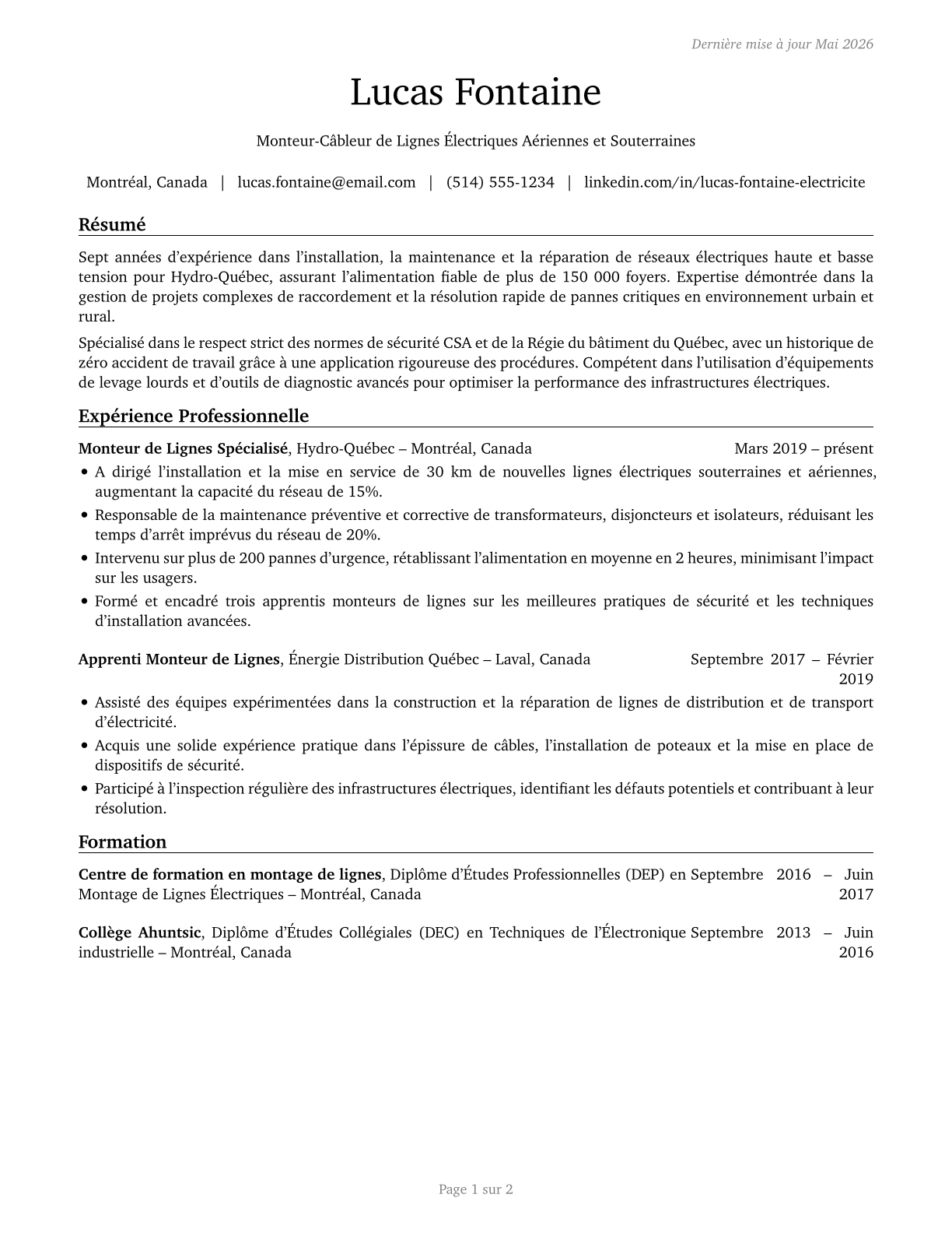 Electrical Power-Line Installers and Repairers CV in French — page 1