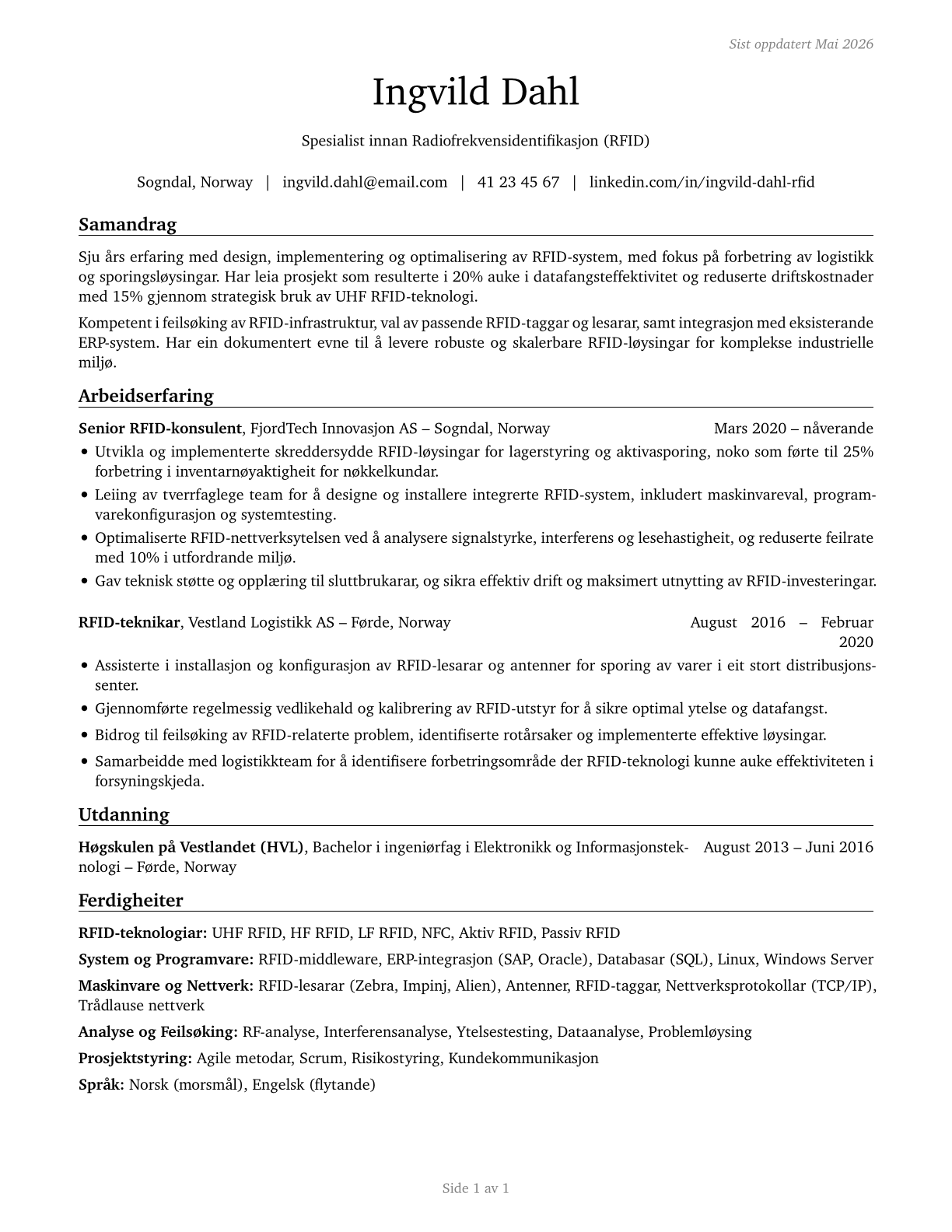 Radio Frequency Identification Device Specialists CV in Norwegian_nynorsk — page 1
