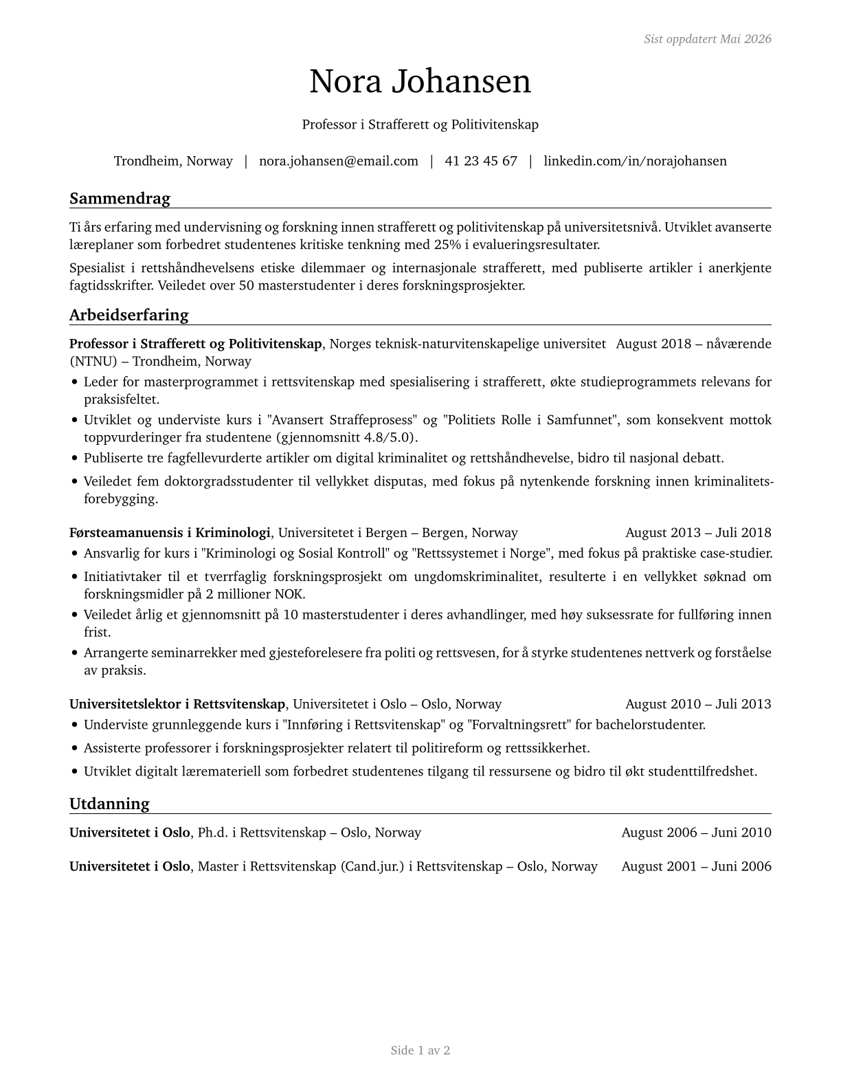 Criminal Justice and Law Enforcement Teachers, Postsecondary CV in Norwegian_bokmal — page 1