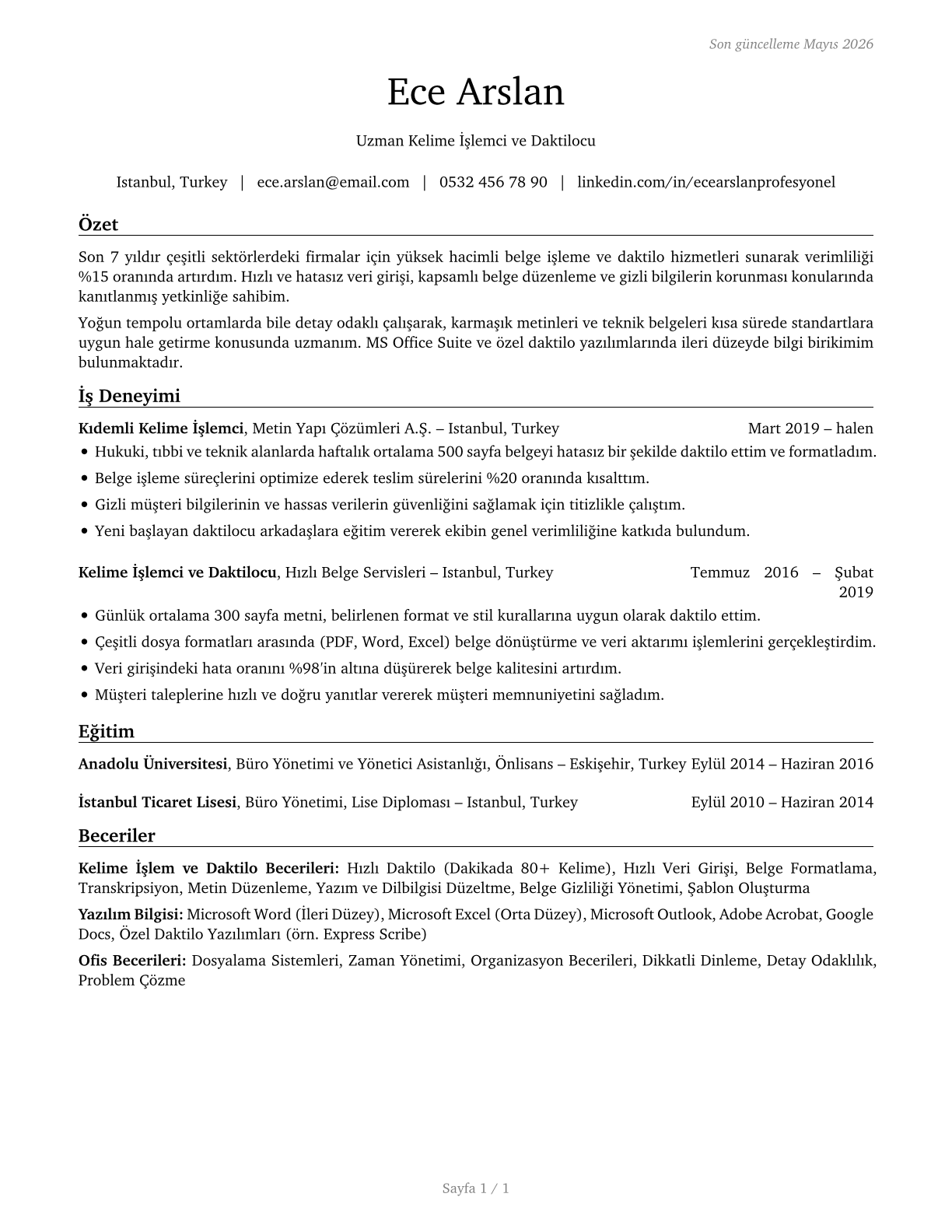 Word Processors and Typists CV in Turkish — page 1