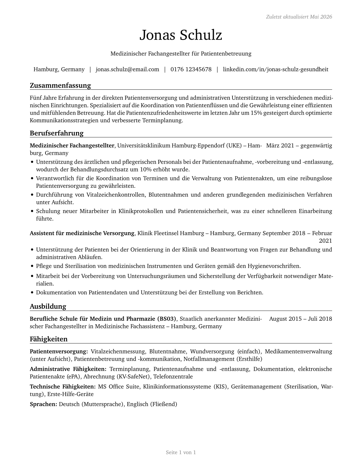Healthcare Support Workers, All Other CV in German — page 1