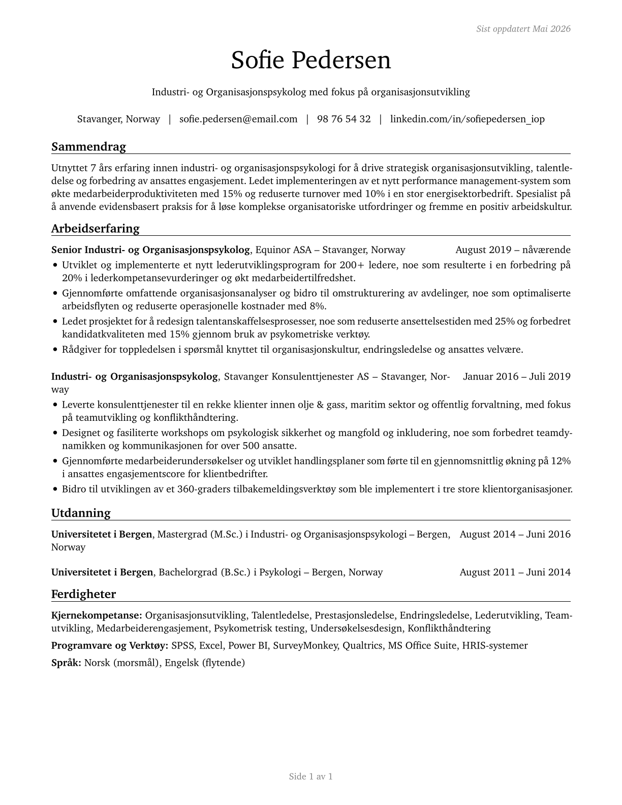 Industrial-Organizational Psychologists CV in Norwegian_bokmal — page 1