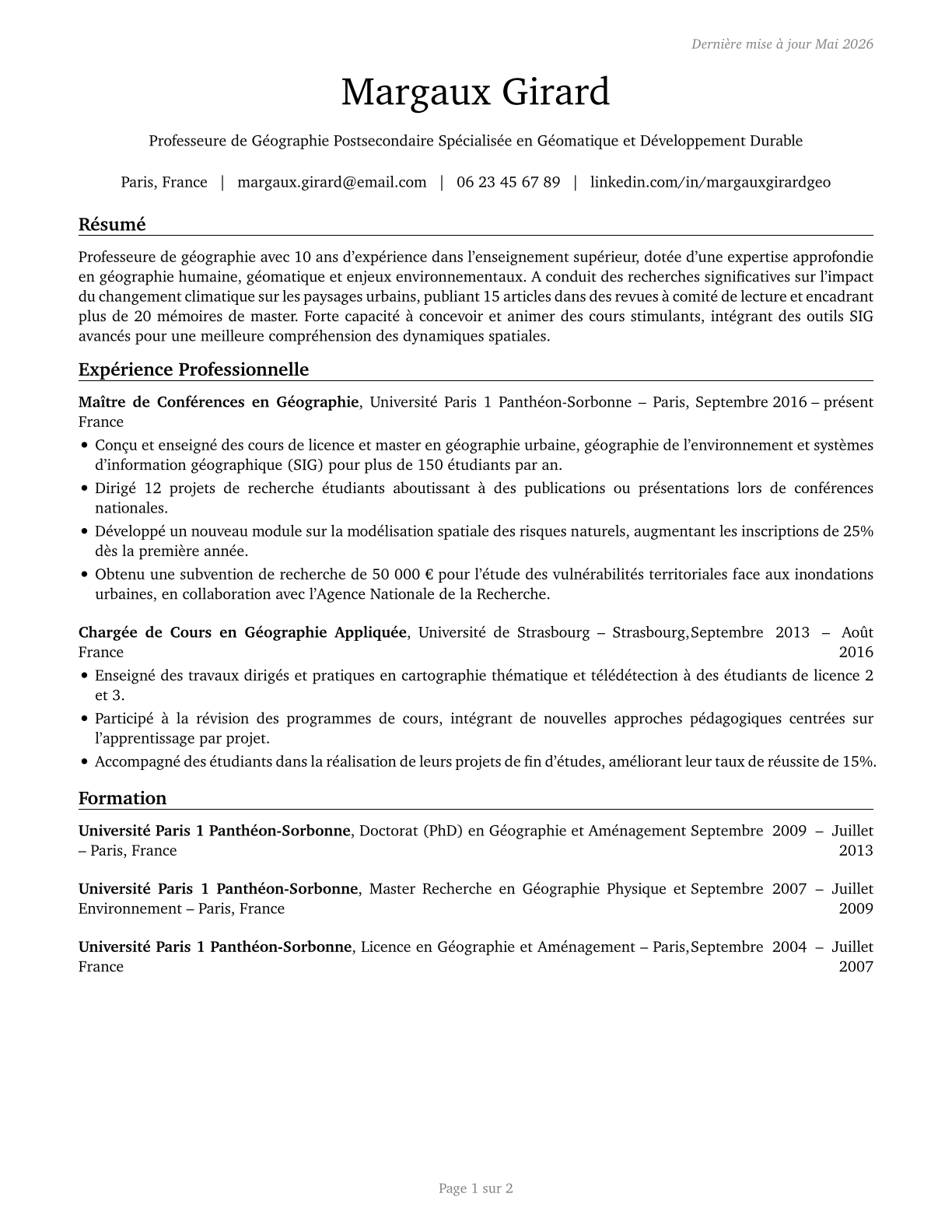 Geography Teachers, Postsecondary CV in French — page 1