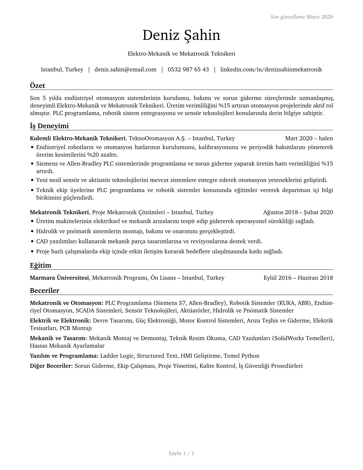 Electro-Mechanical and Mechatronics Technologists and Technicians CV in Turkish — page 1